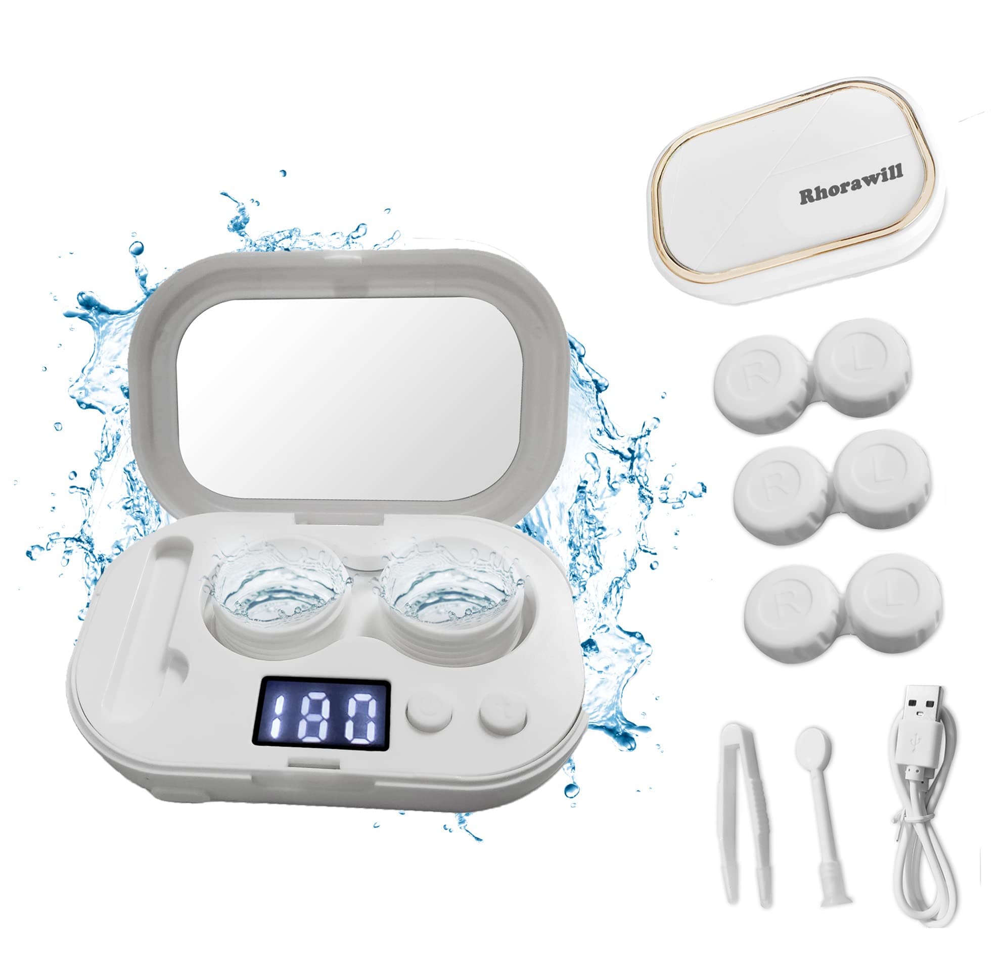 Rhorawill Ultrasonic Contact Lens Cleaner Machine with LED Timer Display, Big Mirror & USB Charger, Fit Disposal Soft Lens, Colored Contact Lens, RGP Lens and OK Lens