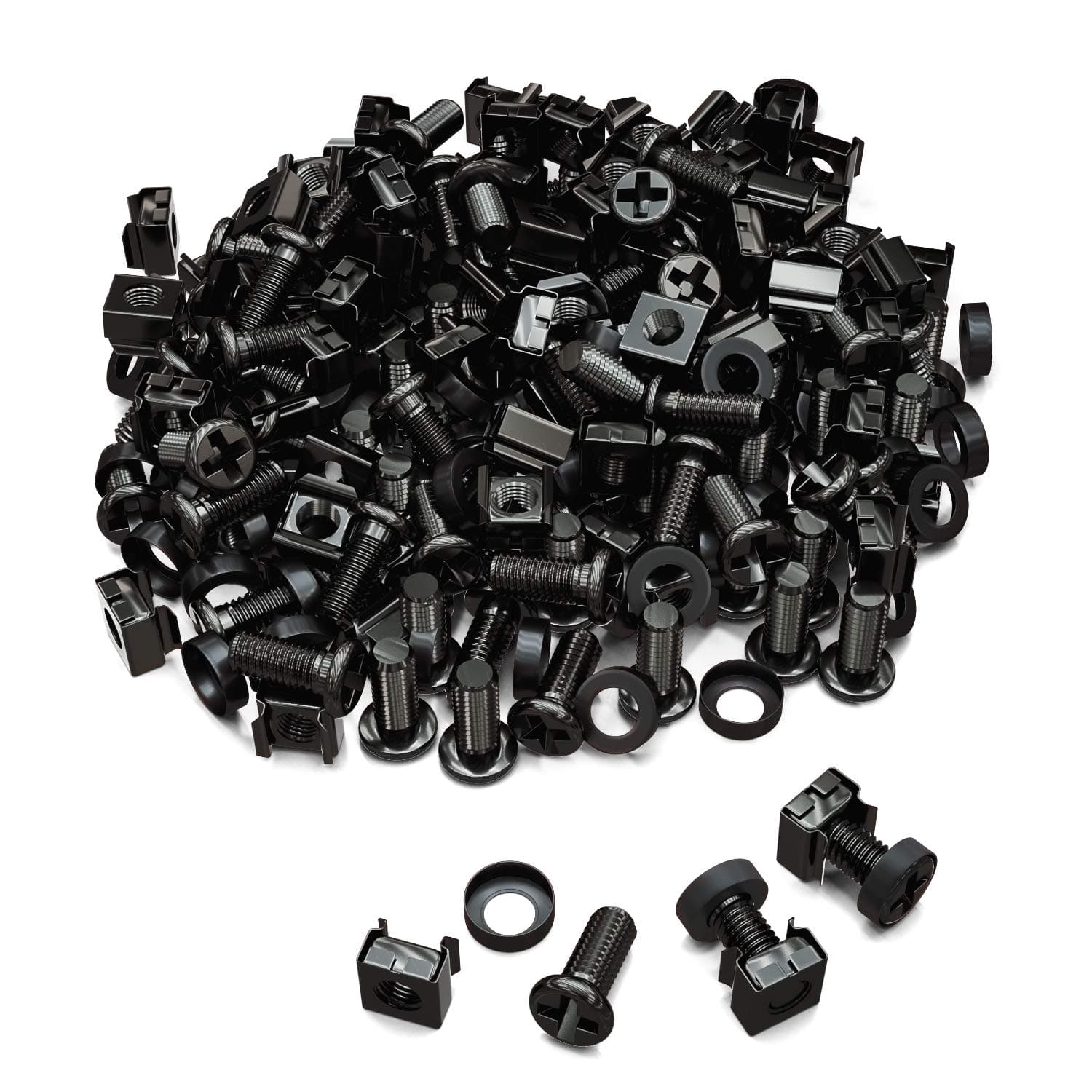 deleyCON 100 x Set of M6 Caged Nuts and Screws for Network Cabinet Server Housing 19 and 10 Inch Mounting Set – Black