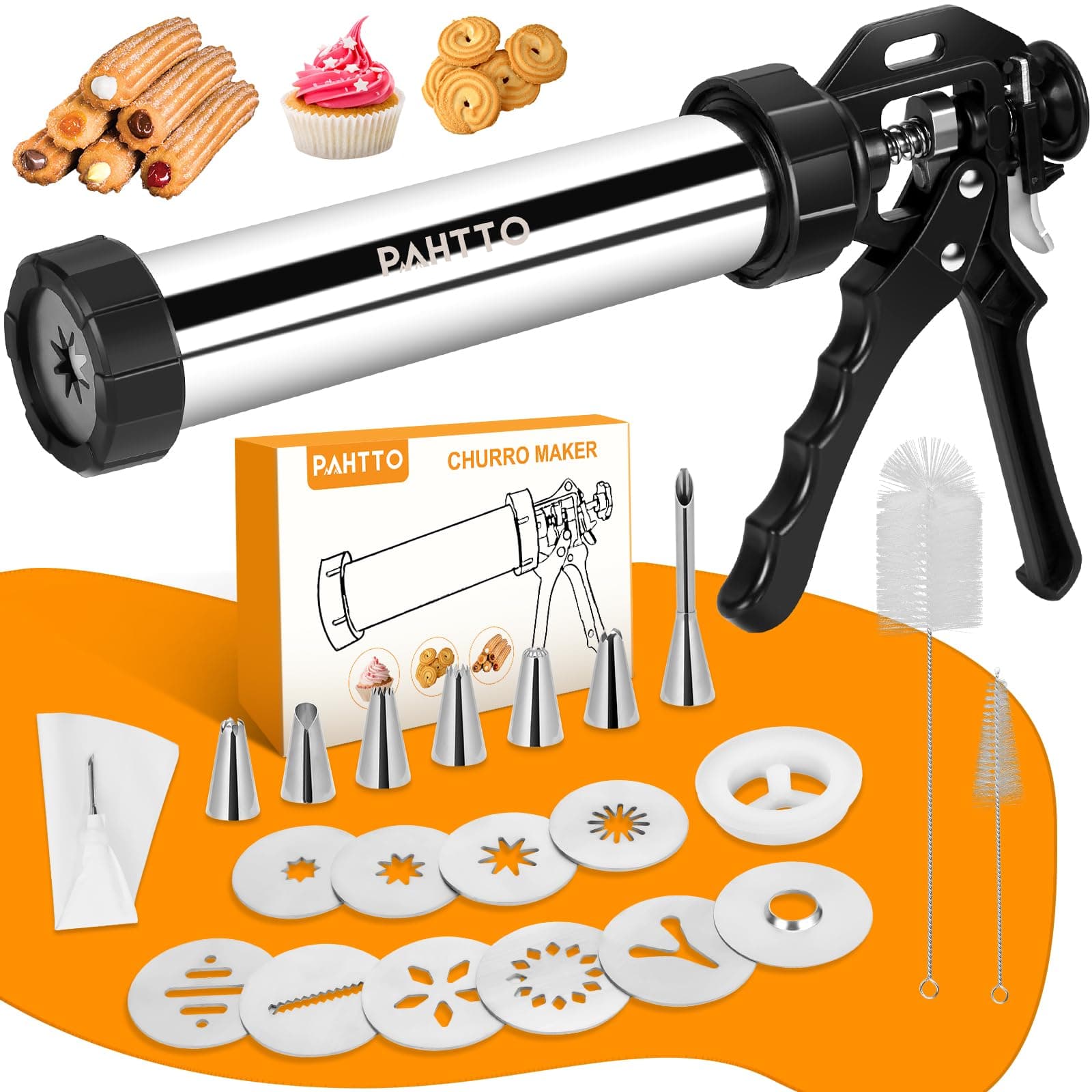 Churro Maker Machine, Stainless Steel Churros Gun Kit, 3-in-1 Multifunctional Cookie Press Hollow Churro with Piping Bag, 7 Piping Nozzles, 9 Cookie Discs & 2 Brushes, Easy to Clean