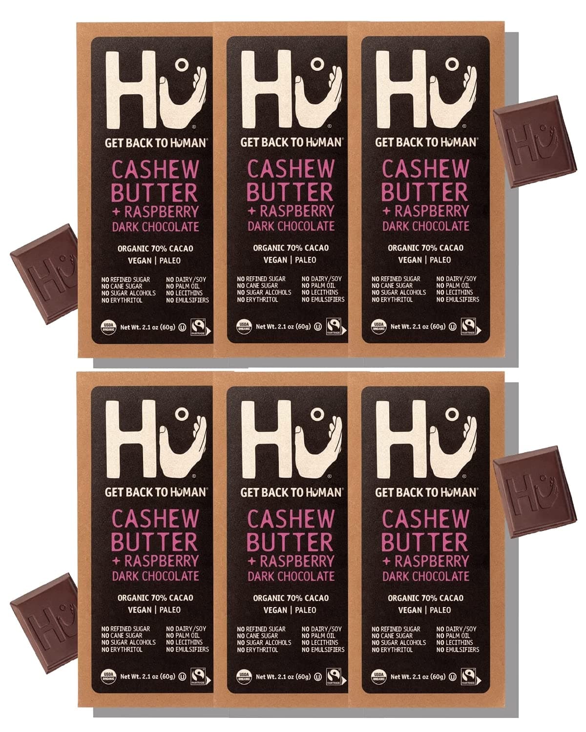 Hu Chocolate Bars | 6 Pack Cashew Butter & Raspberry Chocolate | Natural Organic Vegan, Gluten Free, Paleo, Non GMO, Fair Trade Dark Chocolate | 2.1oz Each
