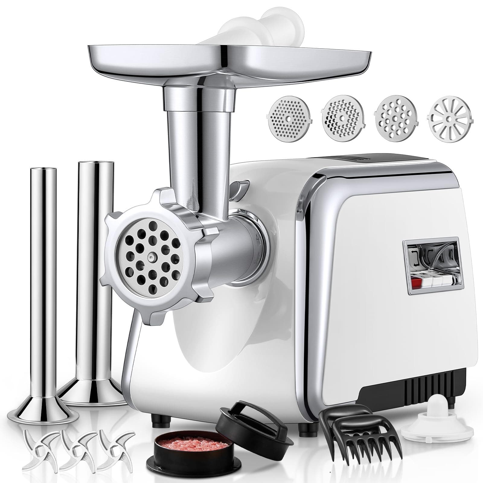 Meat Grinder Heavy Duty, 3000W MAX, 5 in1 Meat Grinder for Home with Stainless Steel Sausage Stuffer Tubes(2 Sizes), Kubbe Maker & Burger/Slider Maker, Storage Box