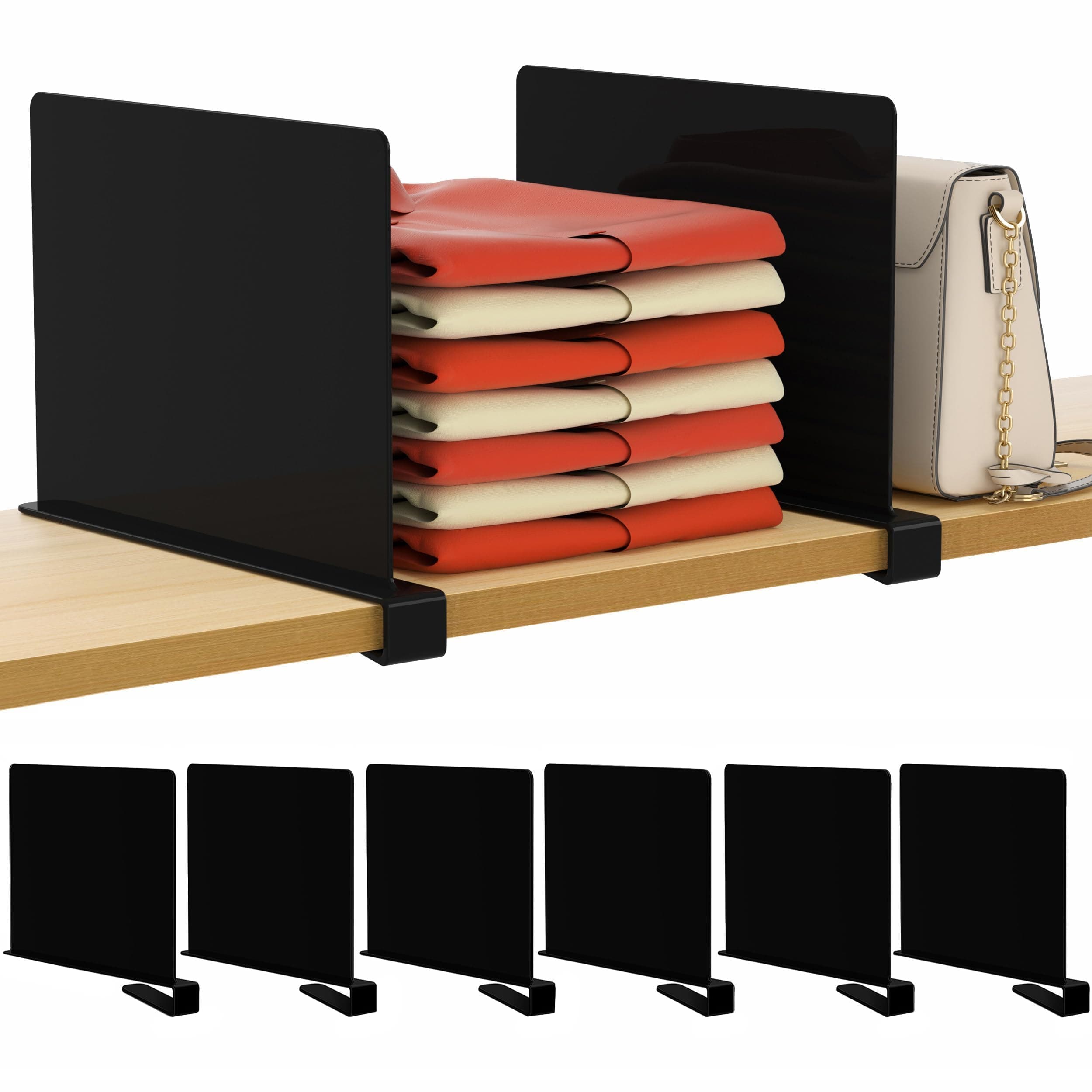HBlife 6 Black Shelf Dividers, Vertical Purse Organizer for Closet Perfect for Sweater, Shirts, Handbags in Bedroom and Kitchen, Adjustable Acrylic Bookshelf for Organization