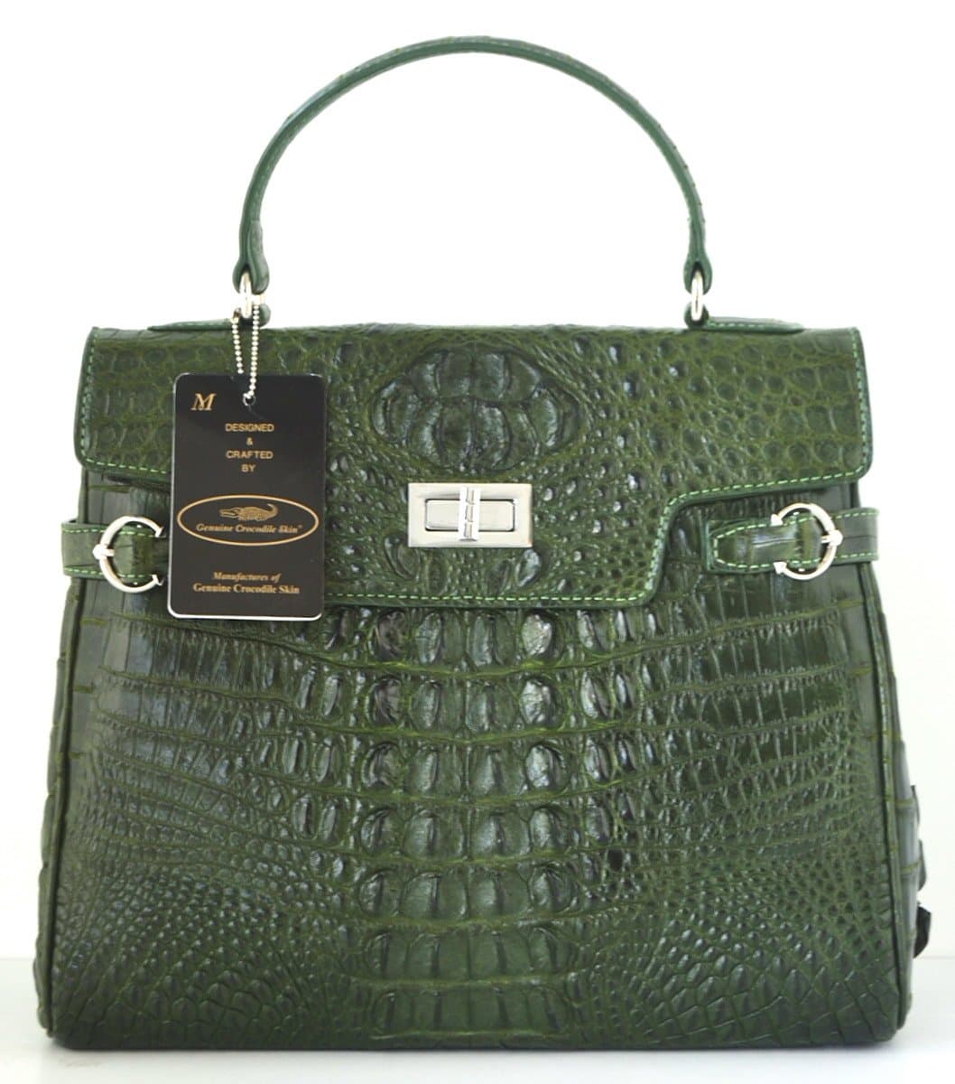 CROCODILE LEATHER HANDBAG CLUTCH BAG PURSE BELTS SILVER BUTTON SHINY DARK GREEN LARGE NEW