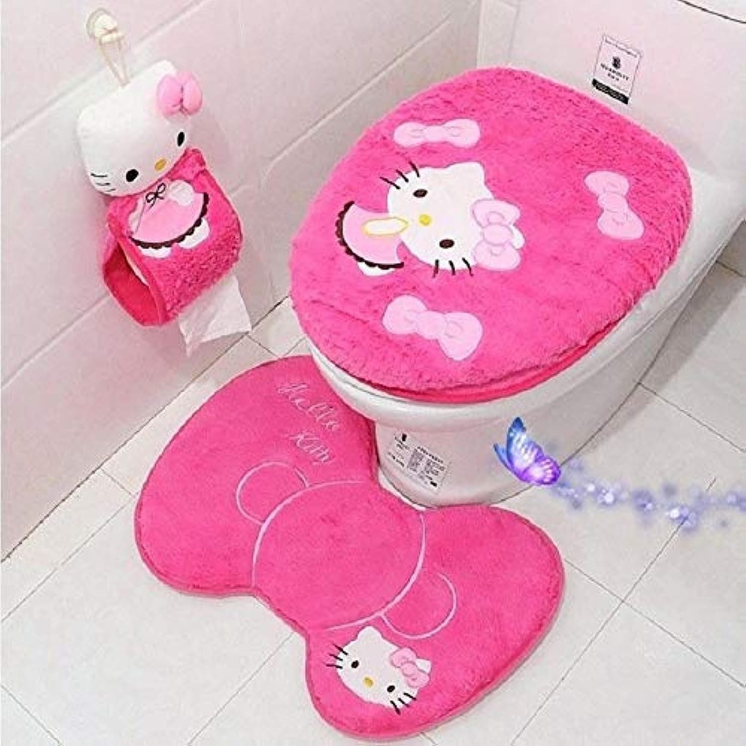 Eliphs 4PCS Hello Kitty Bathroom Set Toilet Cover WC Seat Cover Bath Mat Holder Pink/Rose Red (Rose Red)