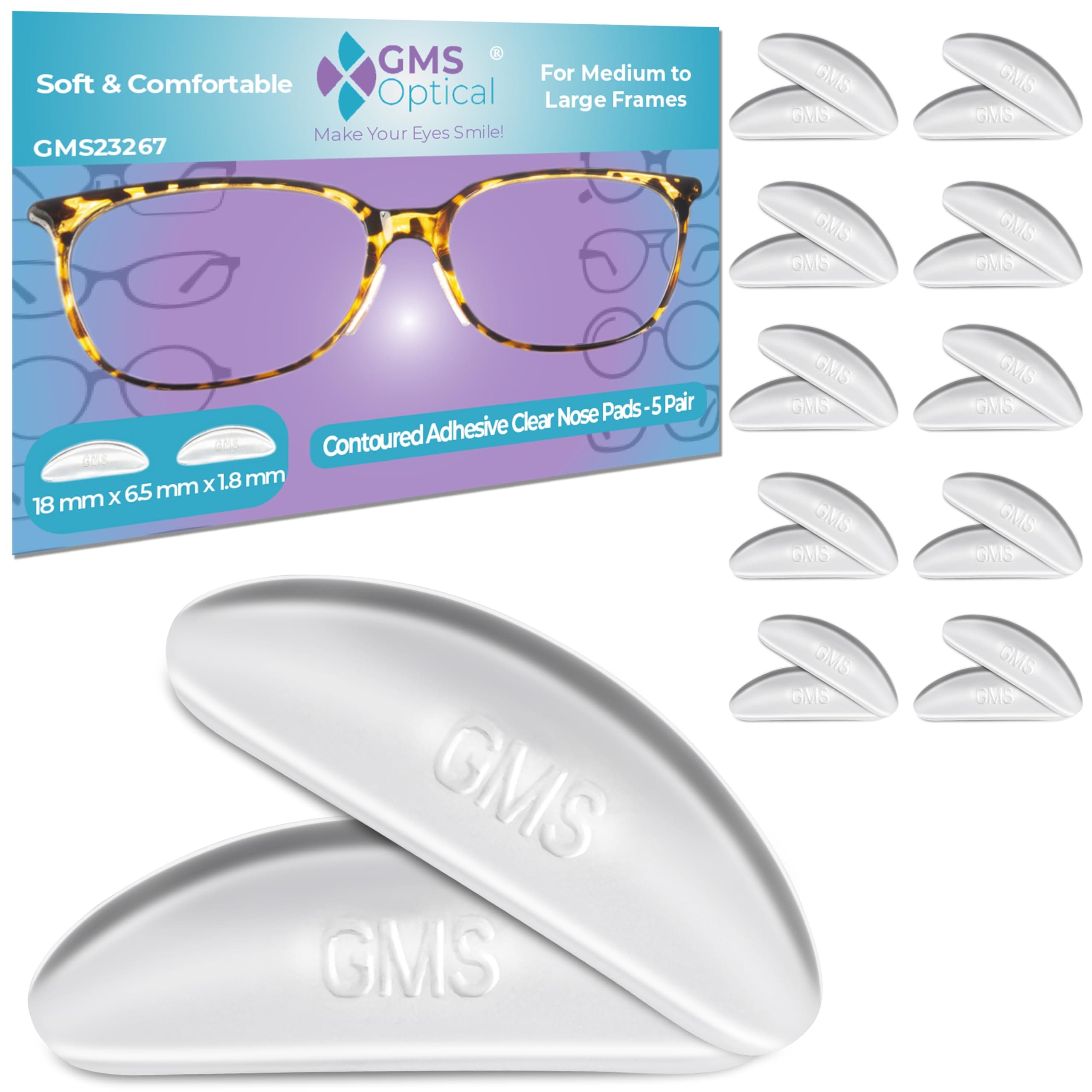 GMS Optical Adhesive Silicone Nose Pads for Glasses | 1.8mm Reg-Thin, 18mm Large | Non Slip Glasses Grips for Sunglasses and Eyewear w/Super Sticky Backing, Eyeglass Accessories (10 Pairs, Clear)
