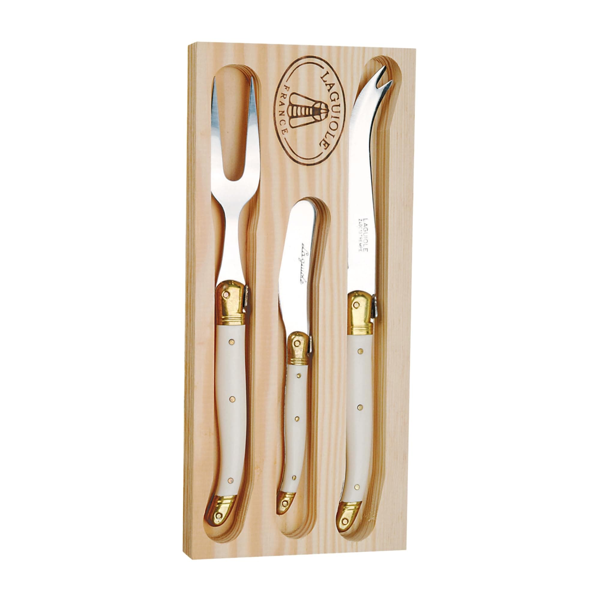 Laguiole 3-Piece Cheese Set, Ivory Handles - Rust-Resistant Stainless Steel - Includes Wooden Tray - Made in France