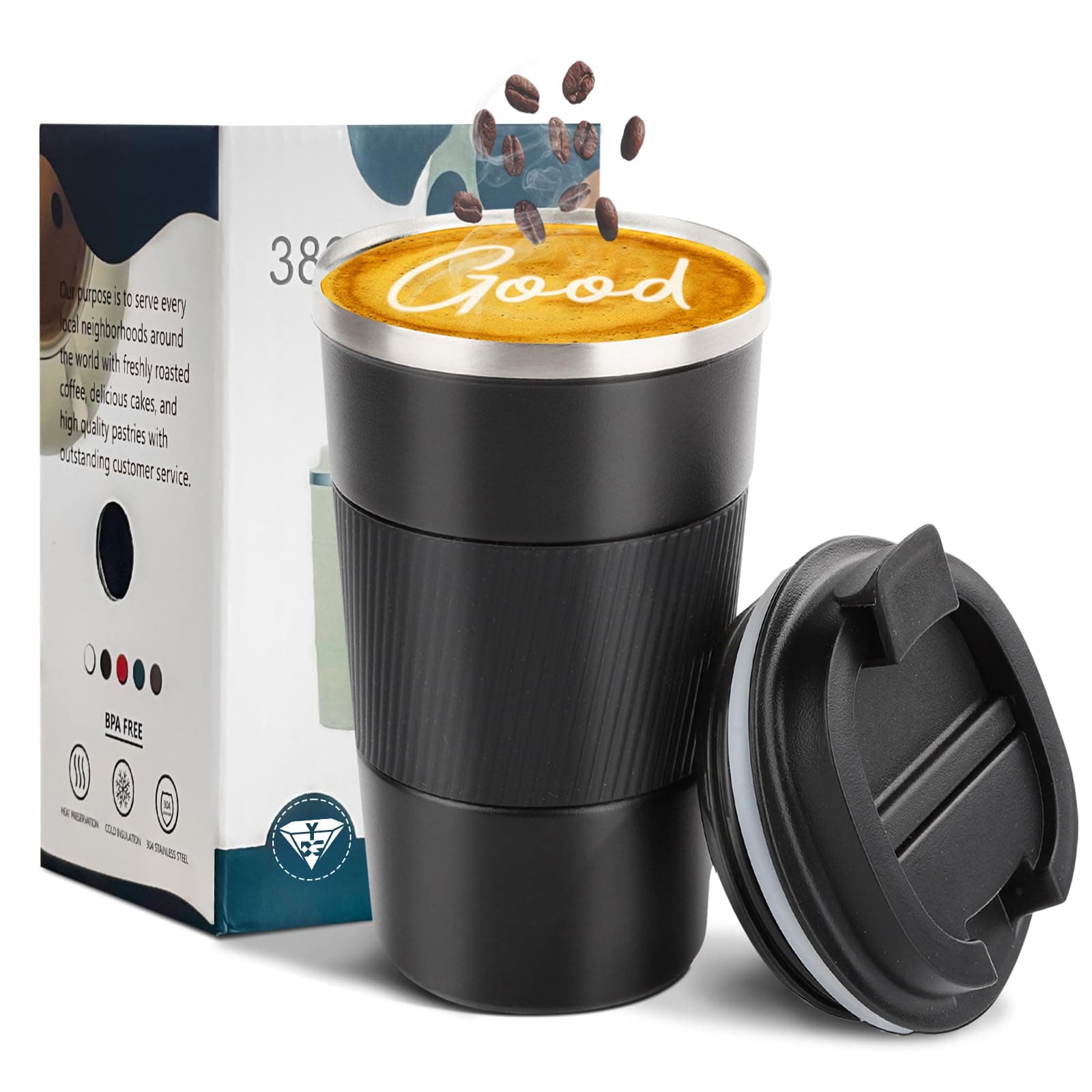 Insulated Travel Coffee Mug, Spill & Leak Proof, Portable To Go Camping Stainless Steel Coffee Tumbler, Reusable Thermal Coffee Cup with Lid for Hot & Cold Drinks (Black, 17 OZ)