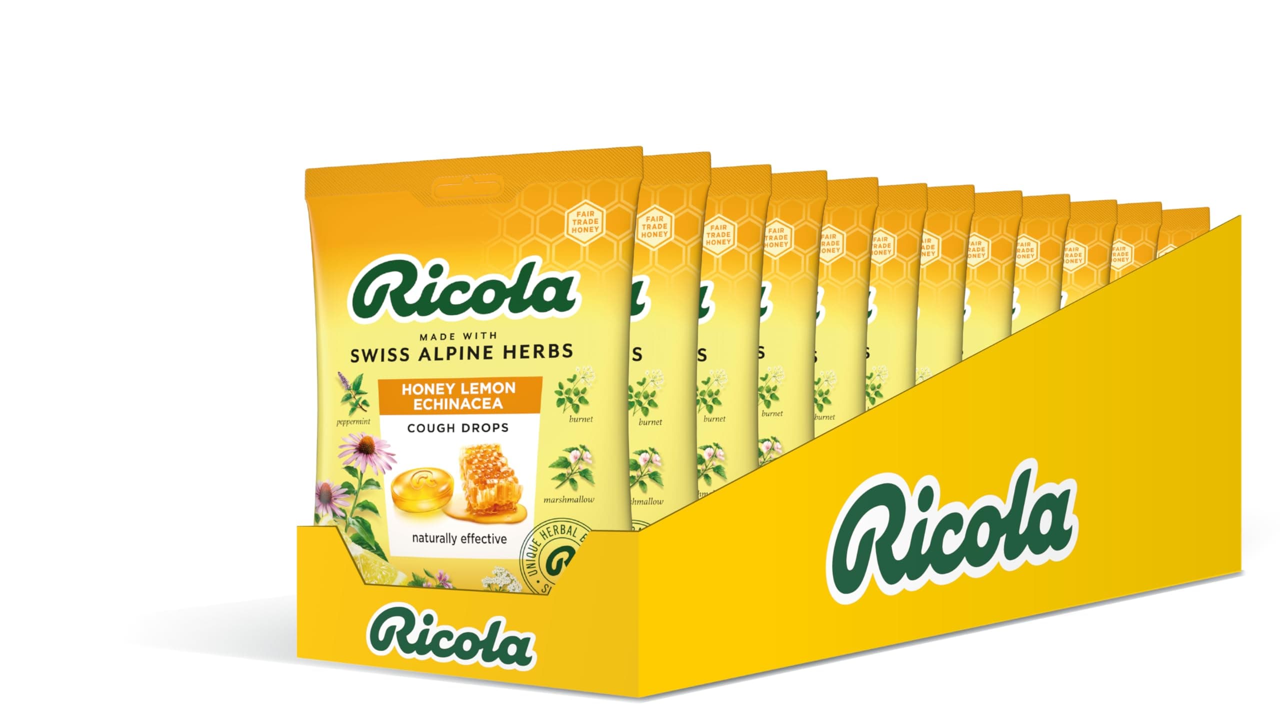Ricola Honey Lemon and Echinacea Cough Drops Bag, Pack of 12, Naturally Effective Throat Lozenges, Cough Sweets,12 X 75 g