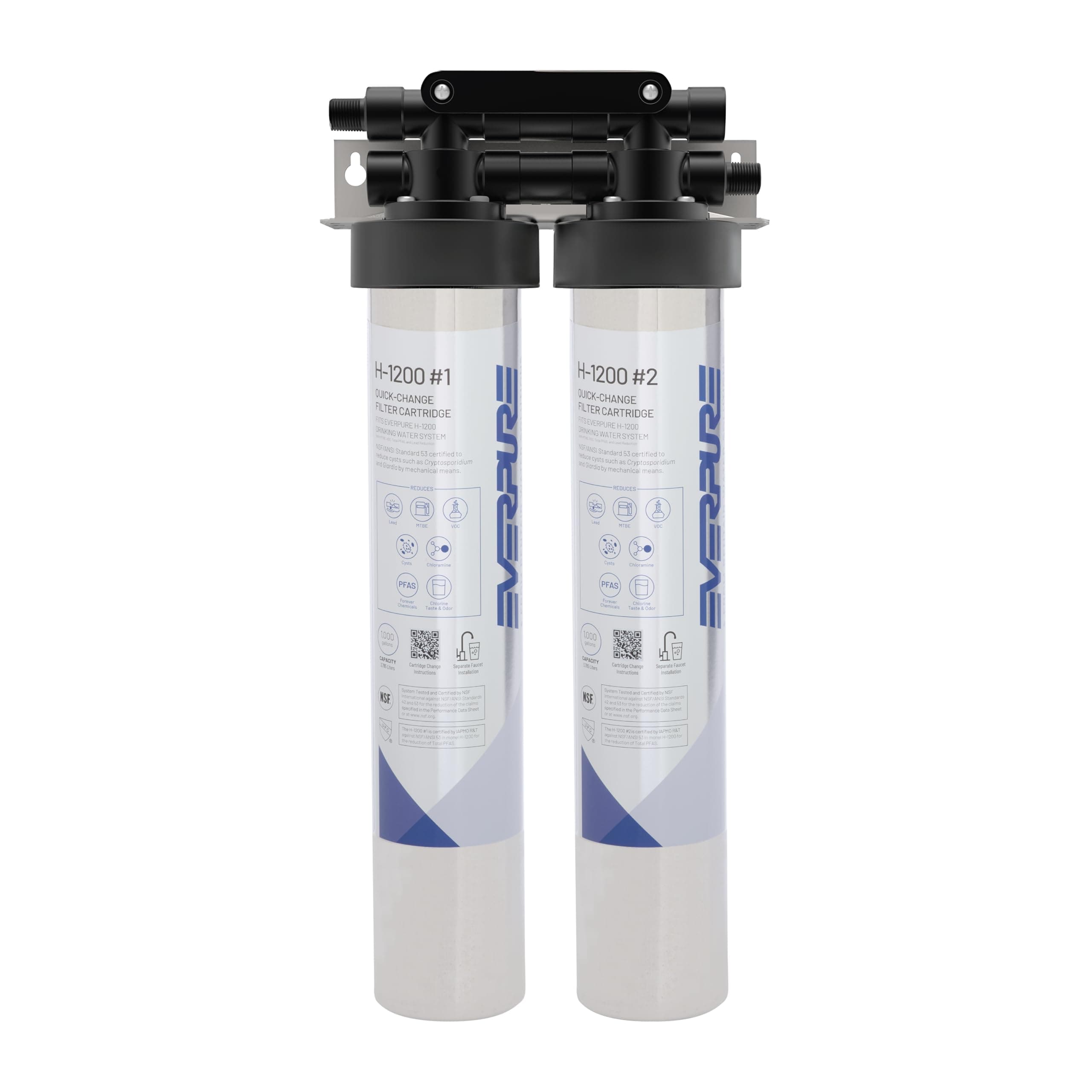 Pentair Everpure H-1200 Drinking Water System, EV928200, NSF Certified to Reduce Lead & PFOA/PFOS, Dual Cartridge System with Filter Head, Cartridges and Hardware, 1,000 Gallon Capacity, 0.5 Micron