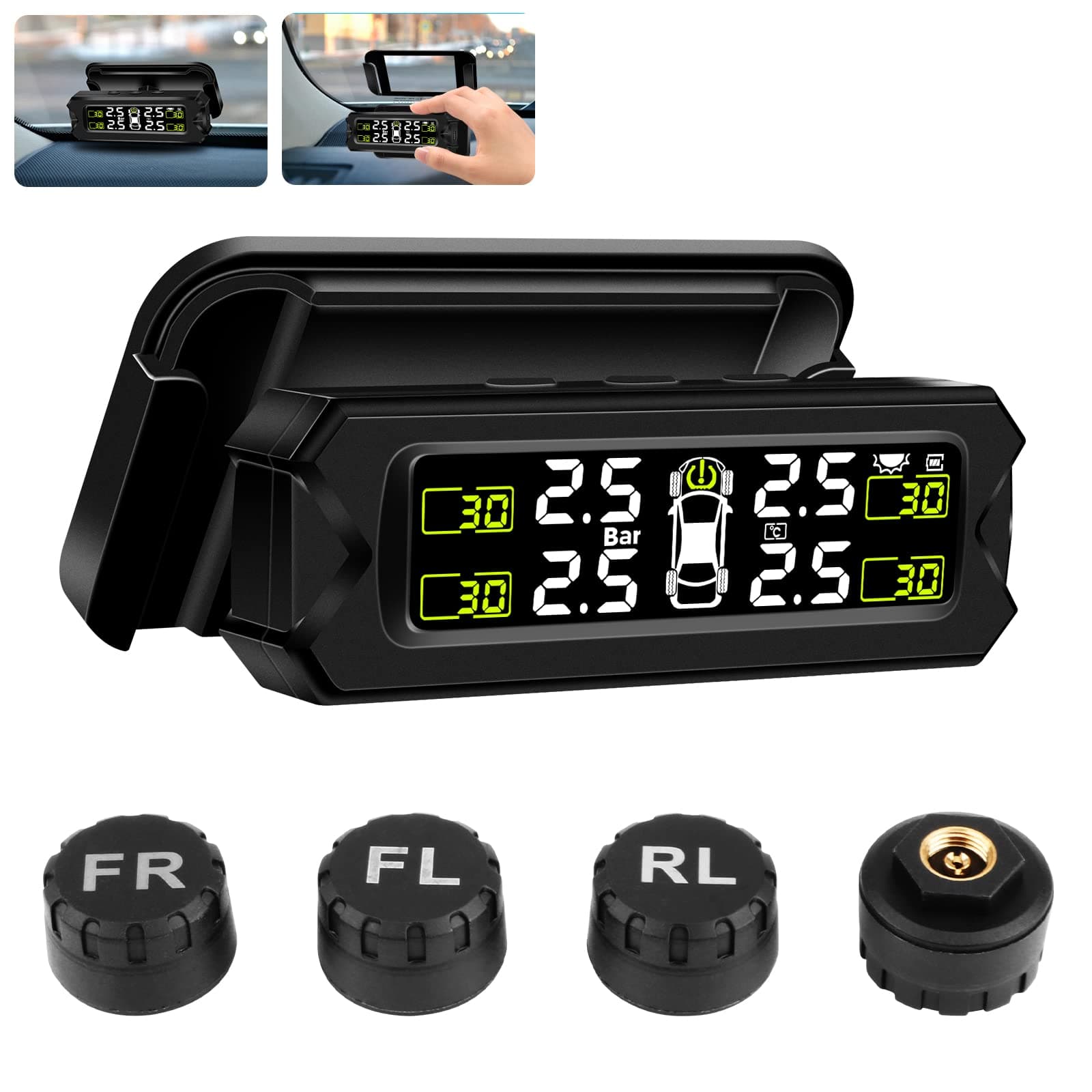 Jansite 【Newest】 TPMS Tyre Pressure Monitoring System Detachable Bracket 14-87Psi Wireless Adjustable Angle with 4 External Sensors Solar/USB Charging Car Alarm System
