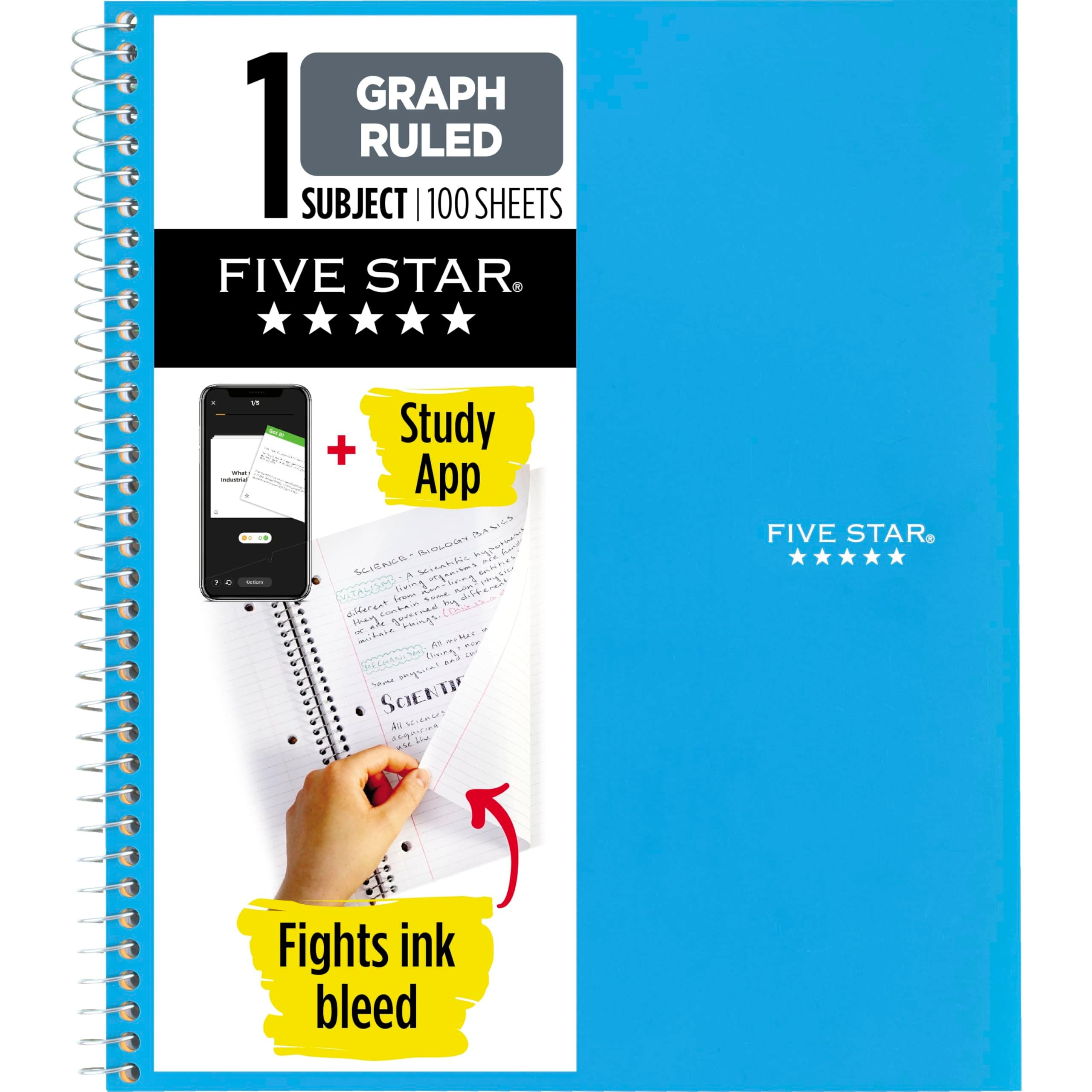 Five Star Spiral Notebook + Study App, 1 Subject, Graph Ruled Paper, Fights Ink Bleed, Water Resistant Cover, 8-1/2" x 11", 100 Sheets, Tidewater Blue (06190AA4)