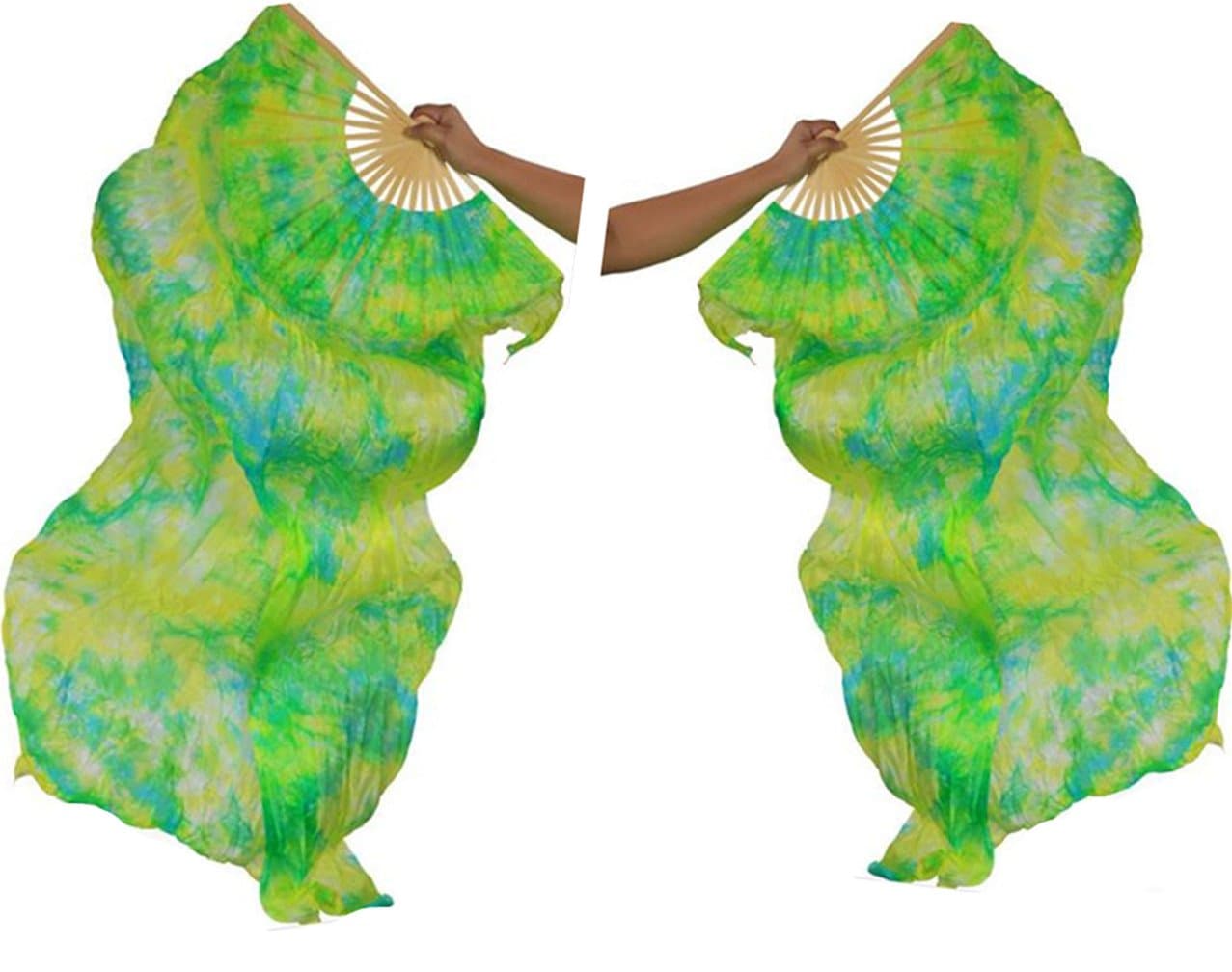 DEMON BABY 2022 Professional Soft Hand Made Tie-Dyed Hand Fans Belly Dance Silk Bamboo Handle Long Fan Veils Best Performance Gift(#6 Green & Yellow;1Pair)