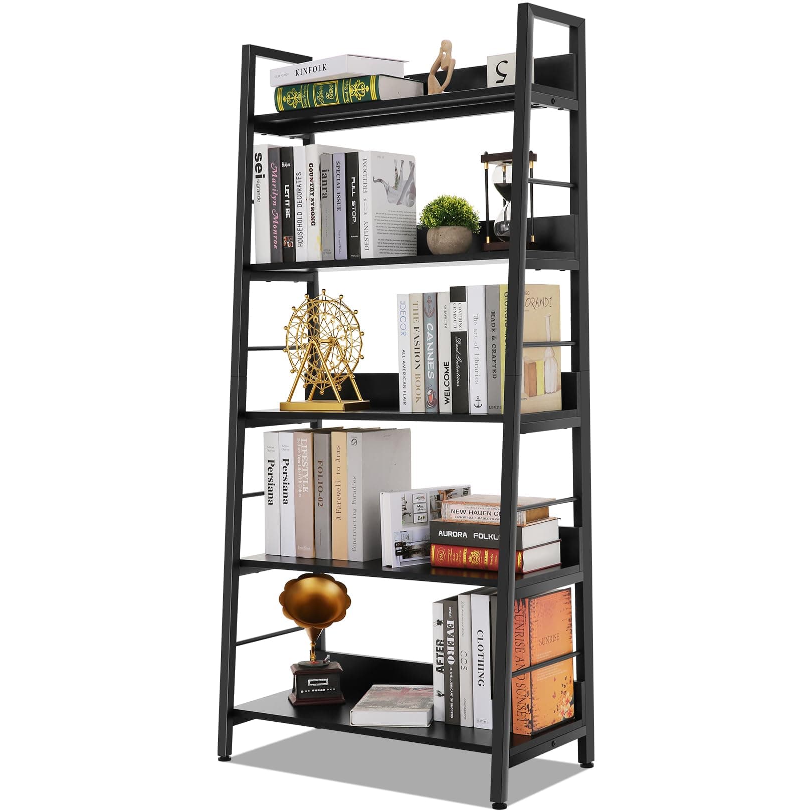 Black Ladder Bookshelf, 5 Shelf Bookcase Industrial Bookshelf Wood and Metal Bookshelves, Plant Flower Stand Rack Book Storage Shelves for Living Room, Bedroom, Home Office