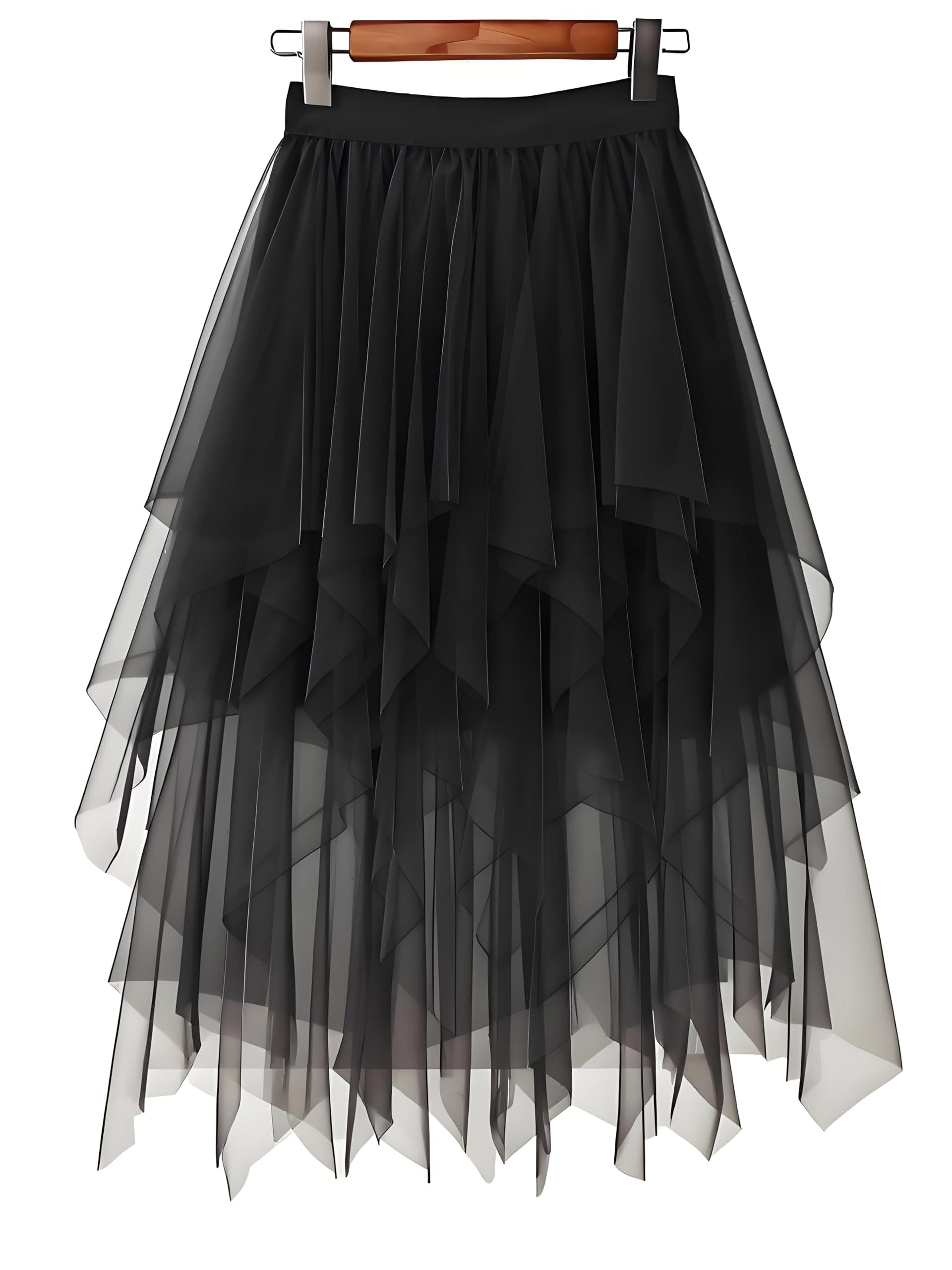 Tulle Skirts for Women, Puffy Skirt Asymmetrical Midi Length Ruffled Tutu Layered Mesh Fairy Skirt
