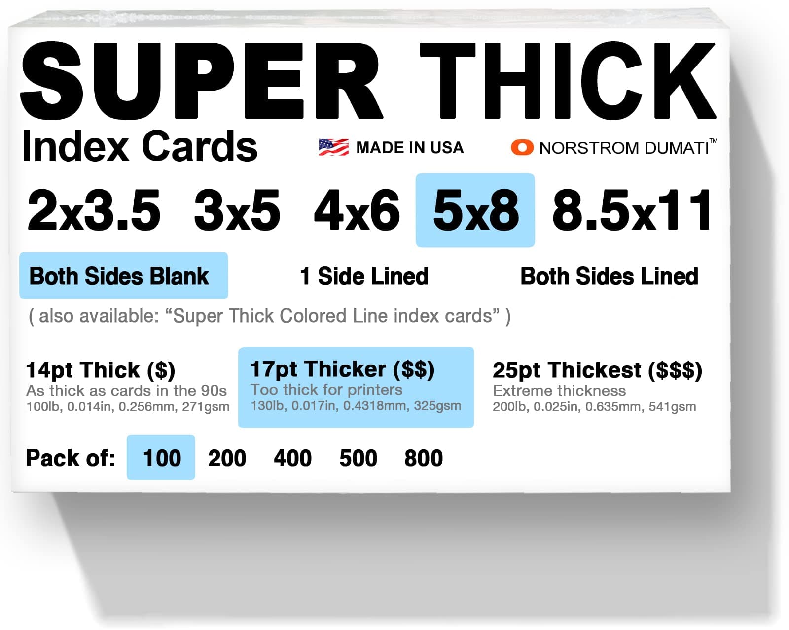 100 SUPER THICK index cards / 5"x8" / 17pt (0.017") 130lb / blank un-ruled/archival acid-free
