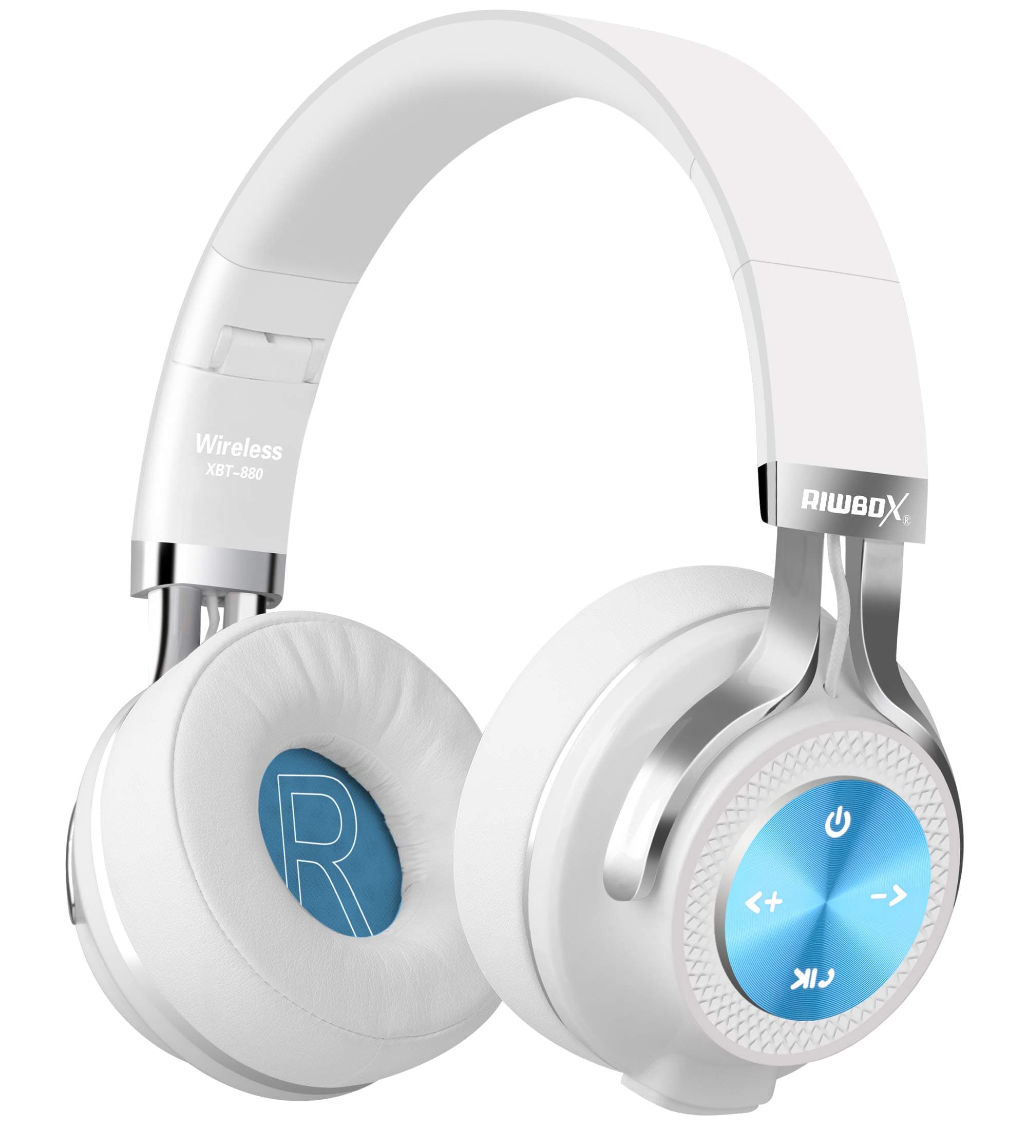 RiwboxBluetooth Headphones, XBT-880 Wireless Bluetooth Headphones Over Ear with Microphone and Volume Control, Wireless and Wired Foldable Headset for PC/Cell Phones/TV/Tablet (White&Blue)
