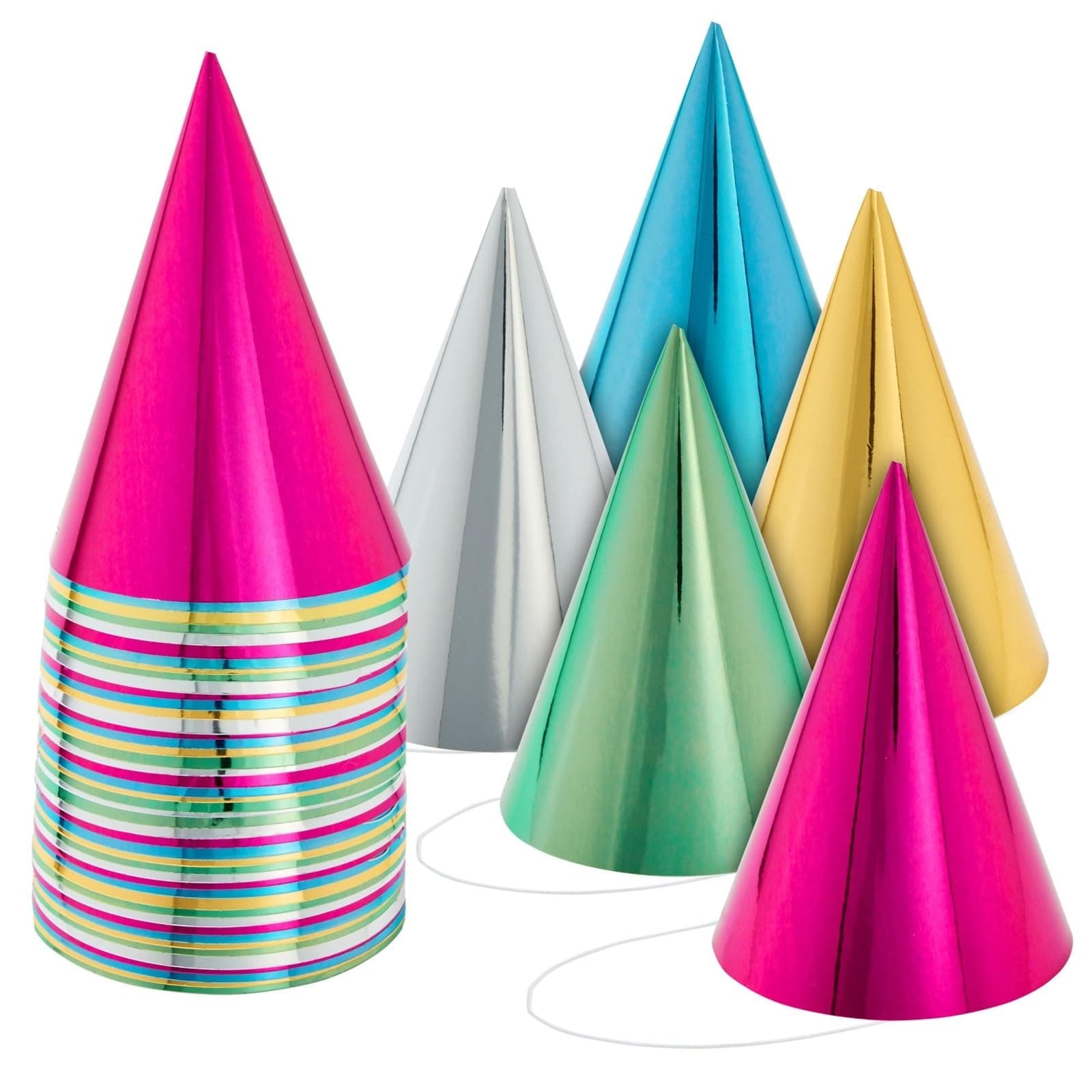 Party Hats - 50 Pack, Metallic Blue/Green/Gold/Silver/Hot Pink, Cone - Bulk Set for Kids & Adults
