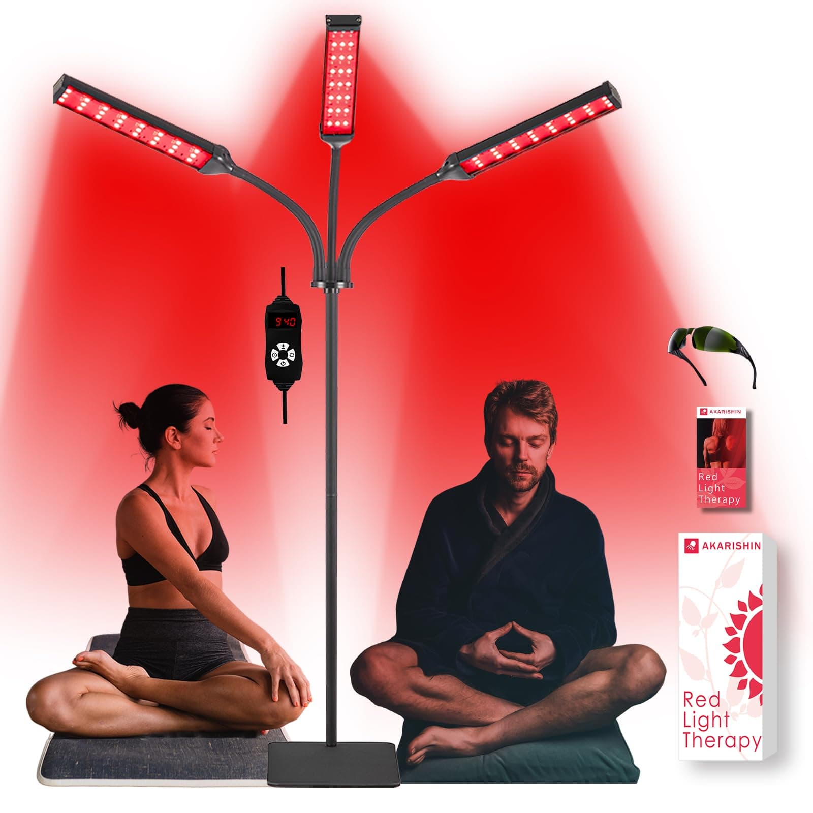 ArikashinRed Light Therapy Lamp with Adjustable Stand, Timer, Height, Brightness - 660nm, 660nm+850nm, 660Nm+940nm- Effective for Body and Skin Vitality, 3-Head,Black,27W