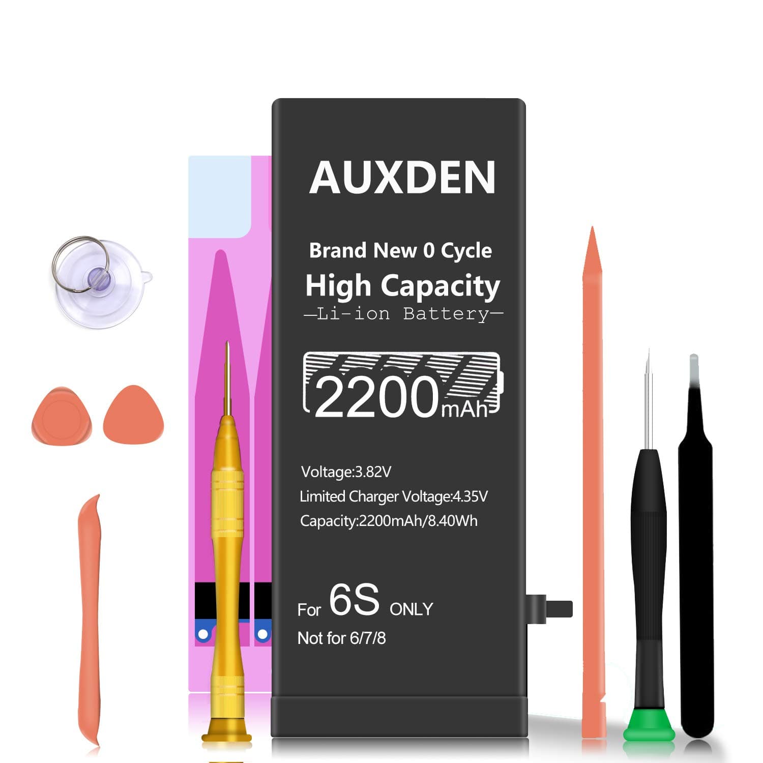 Auxden 2200mAh Battery for iPhone 6S, High Capacity Replacement Battery with 0 Cycle, Complete Repair Tool Kits and Adhesive Strips Provided - 24-Month Warranty