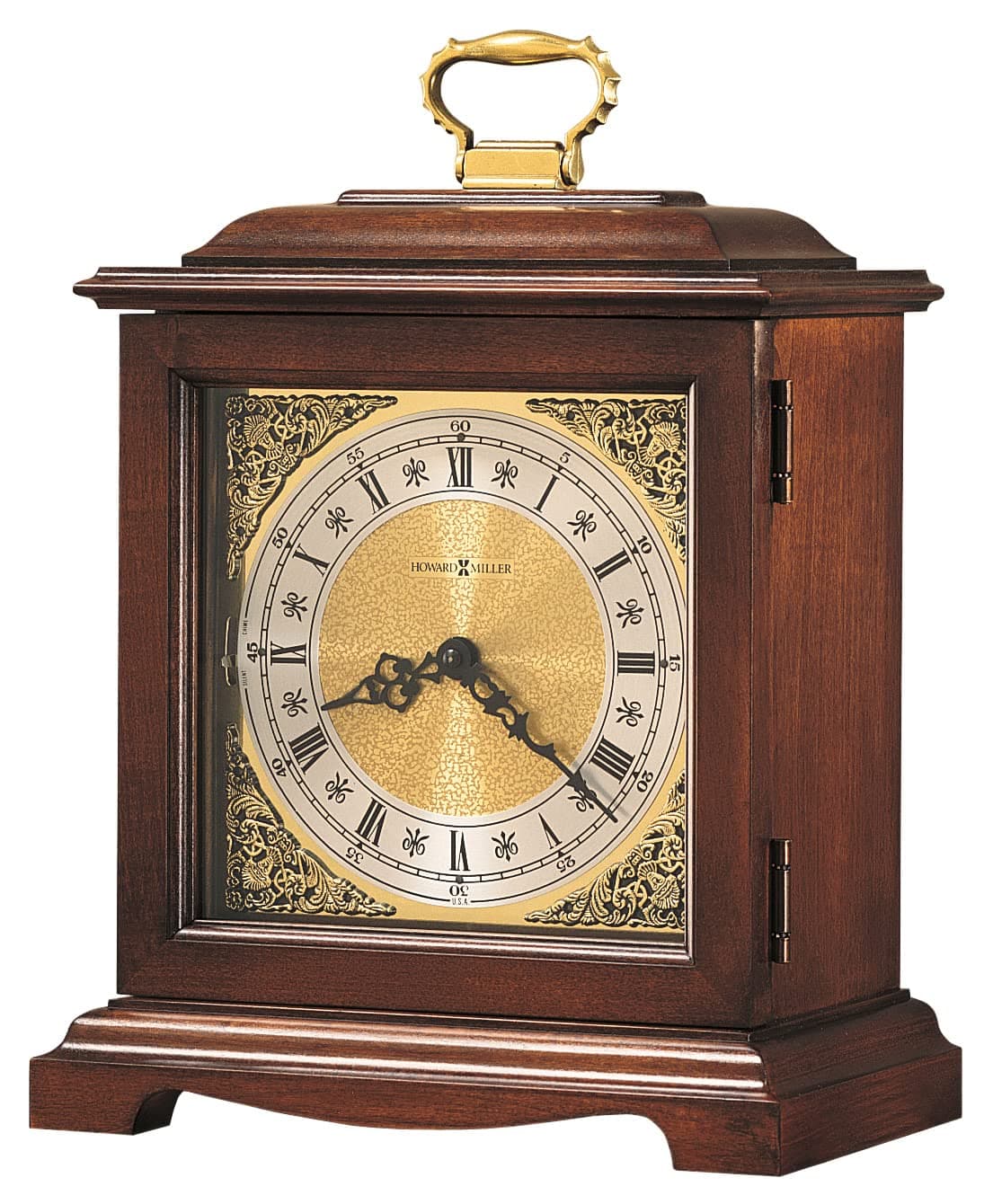 Howard Miller Mantel Clock with Brass-Finished Dial, Antique-Style Wooden Analog Clock with Dual-Chime Movement, Portable & Nighttime Shut-Off, Perfect for Living Room, Bedroom & Office Desk Décor