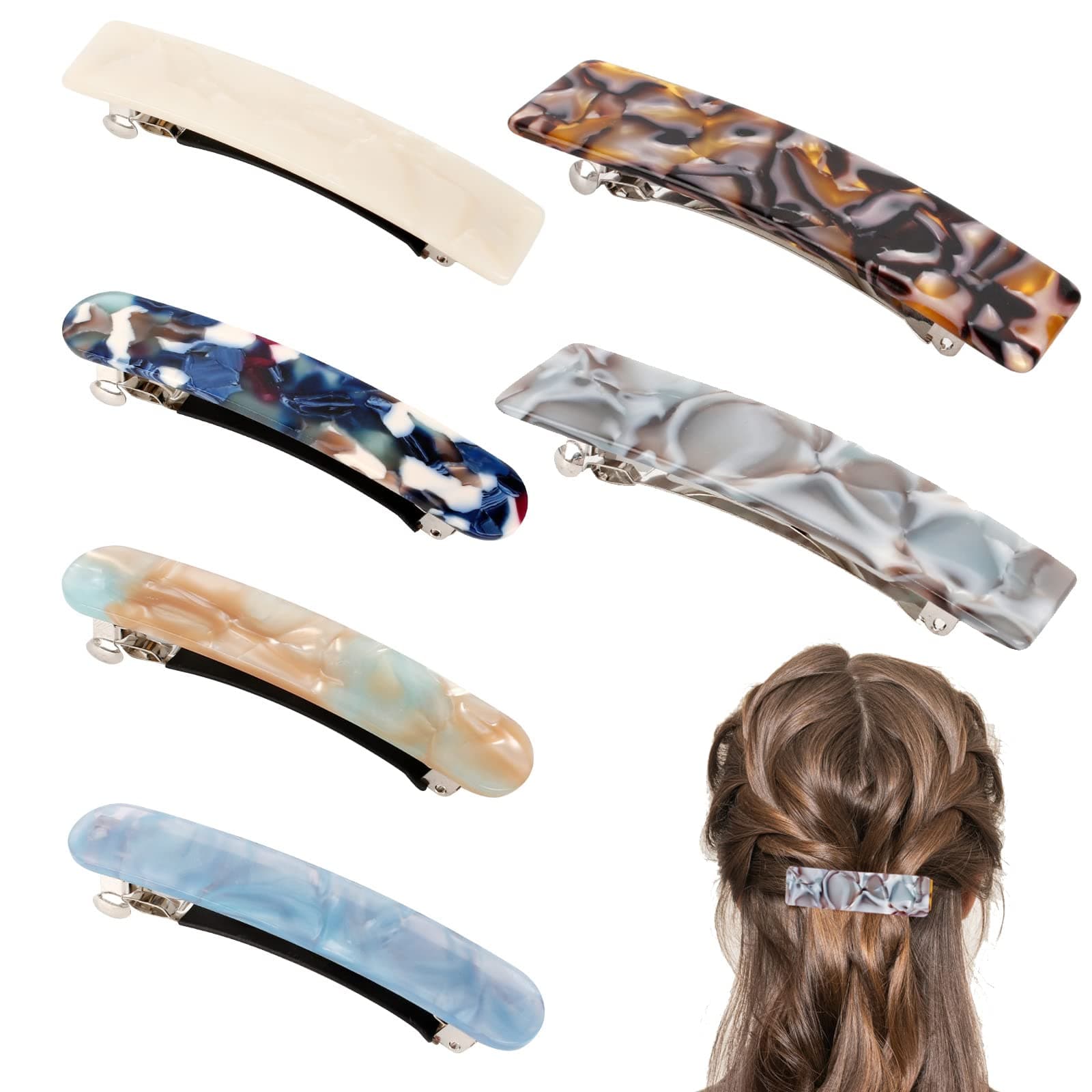 6 Tortoise Shell French Hair Barrette Clips - Automatic Slide Barrette for Fine & Thick Hair (2 Sizes)