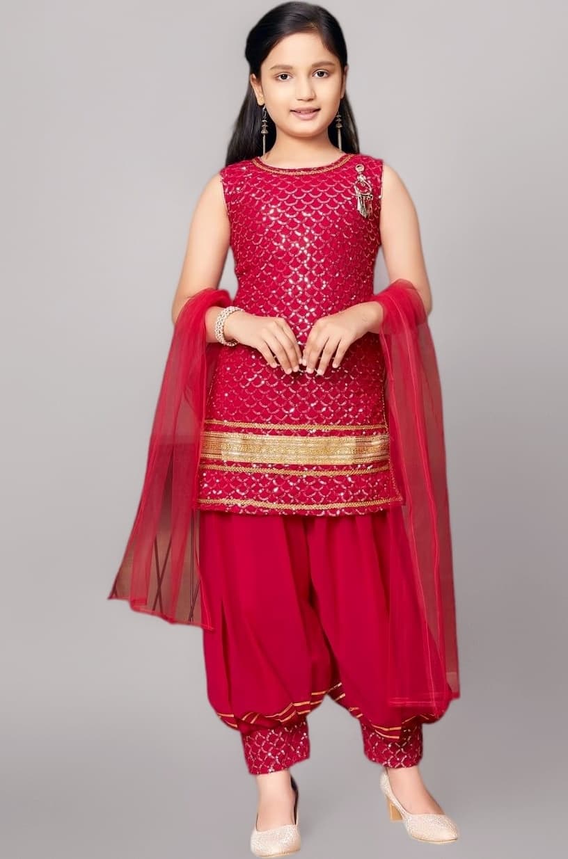 Girls Ethnic Wear Navy Blue Colour Sequin Embroidery/Lace Work Georgette Kurti Patiala Set With Dupatta