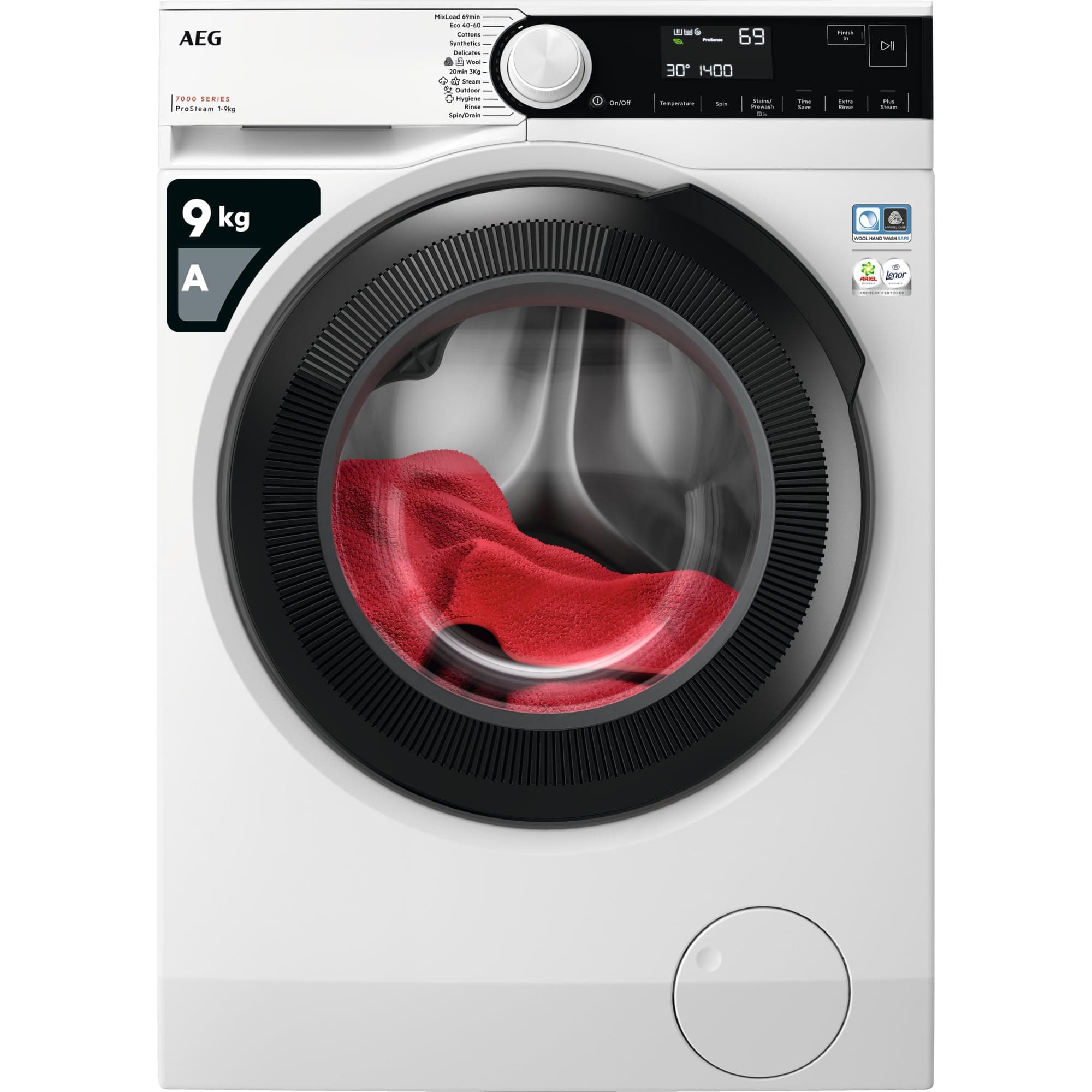 7000 Series Washing Machine 9kg LFR73944B, ProSteam Freestanding Washing Machine with steam using 96% less water, 9kg Load, 1400rpm Spin, Energy Class A, White