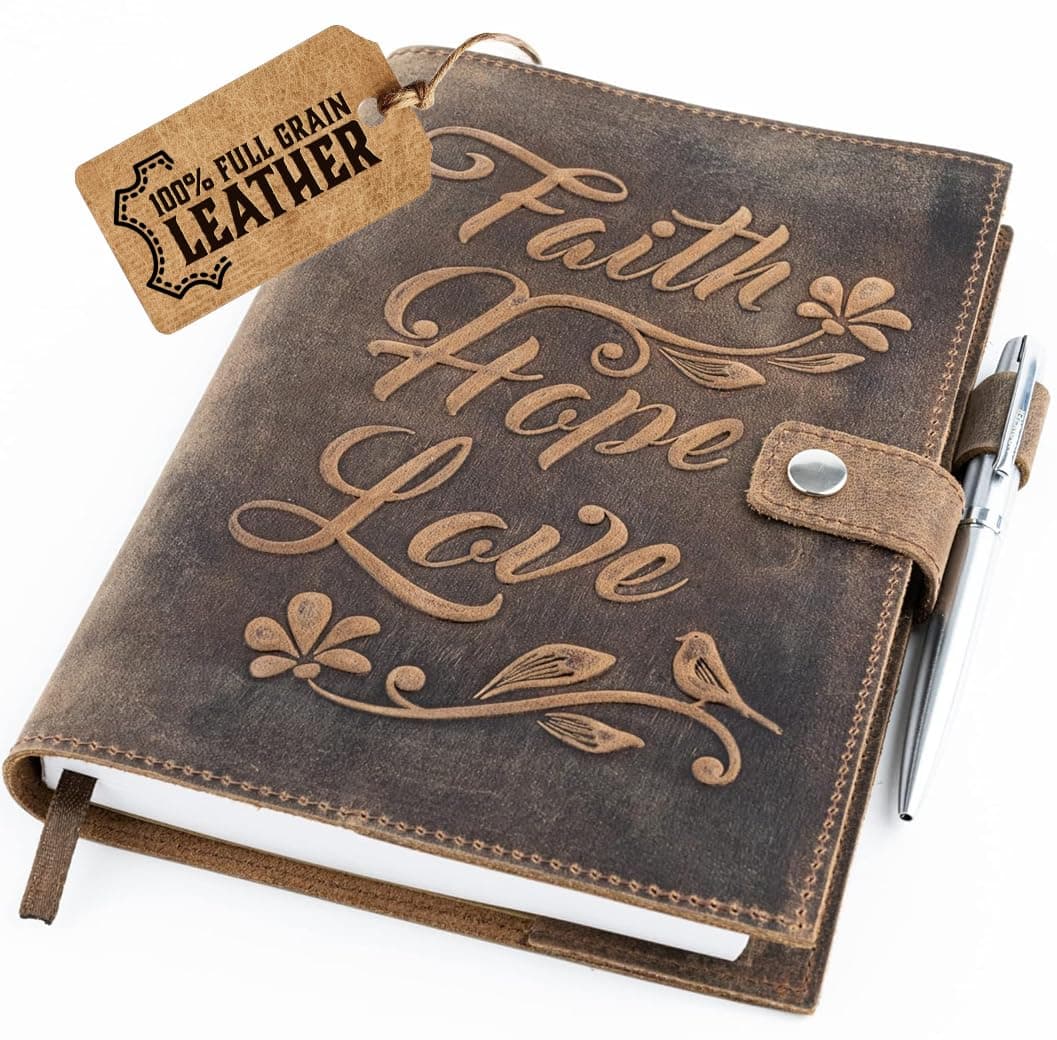 moonster Vintage Leather Journal – Vintage Travel Diary for Journaling with Embossed Bible Cover Faith, Hope, Love, Refillable Leather Bound A5 Notebook for Women, Writing Journal with Pen