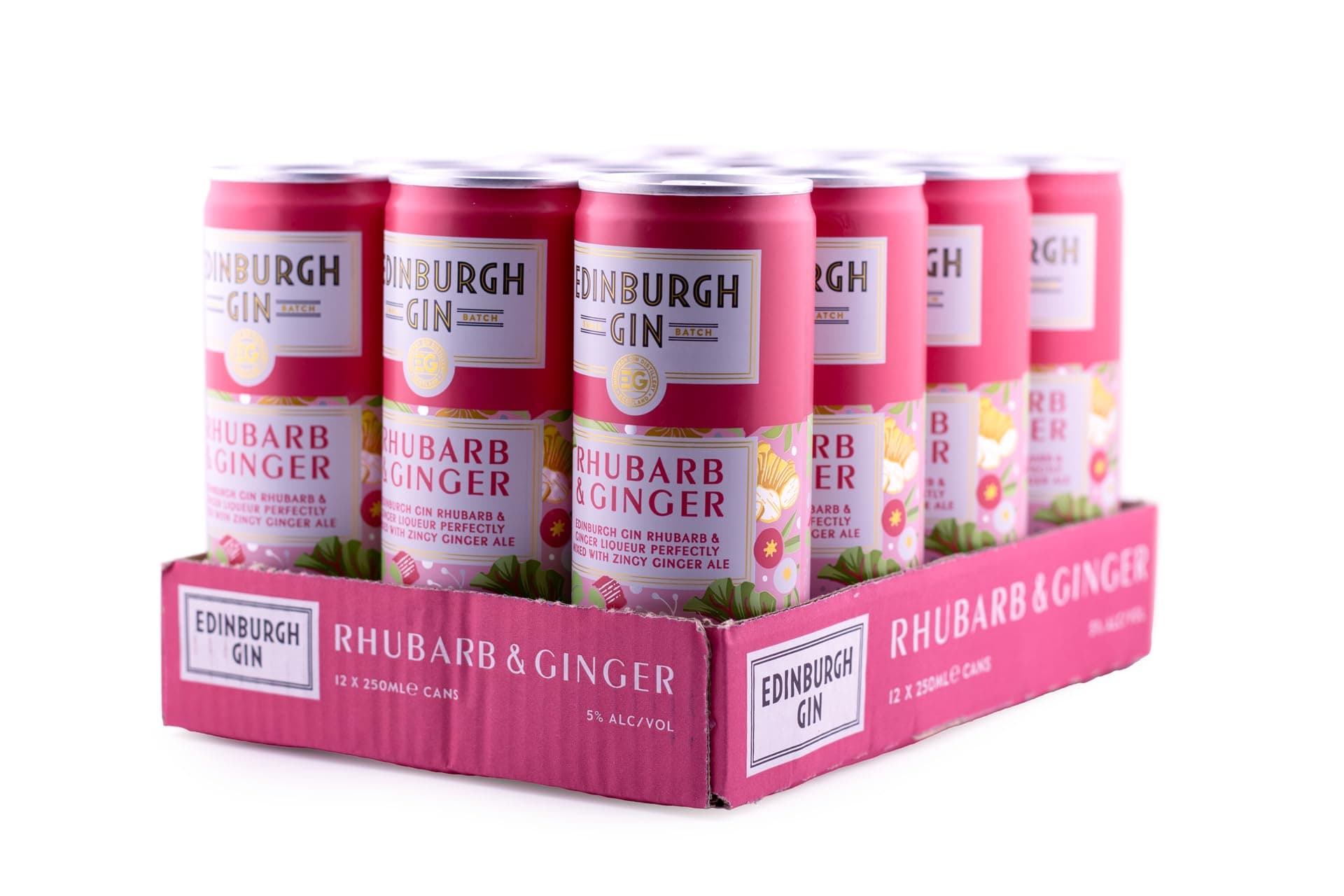 Edinburgh Gin Rhubarb & Ginger Gin Liqueur and Ginger Ale Ready To Drink Cocktail Can 5% ABV | 250ml | Pack of 12 | Balanced and Warming | The Perfect Liqueur Serve On The Move