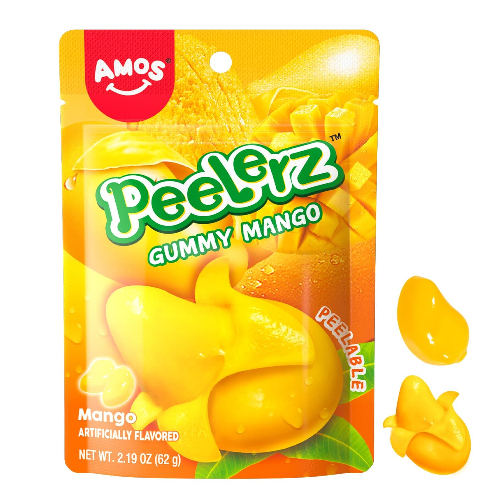 Amos Peelerz Mango Gummy Candy, Peelable Mango Gummy Candy, Resealable 2.19oz Bag (Pack of 8)