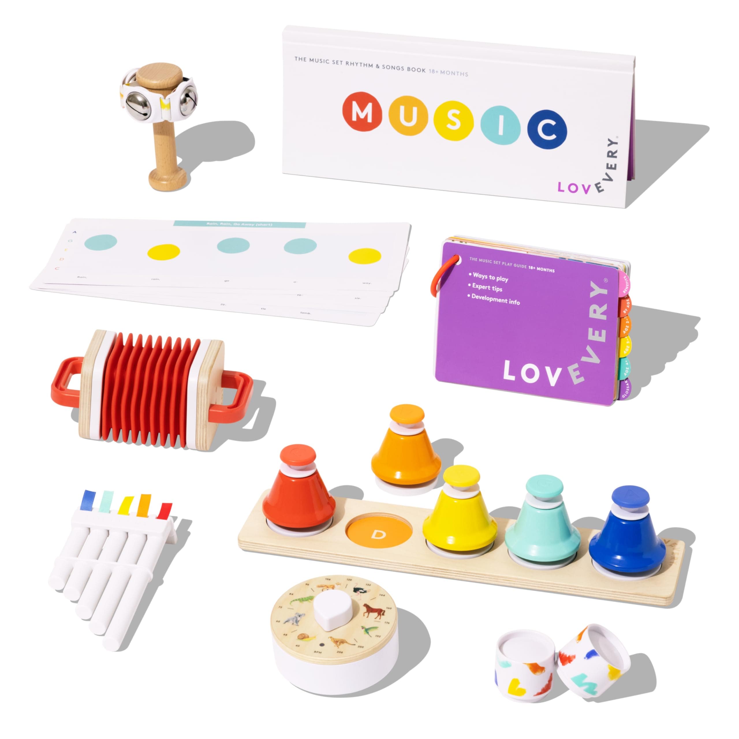 Lovevery | The Music Set | 6 Musical Instruments and Rhythm & Songs Book, Preschool Education and Montessori Early Learning Musical Toy, Ages 18 Months to 4+ Years