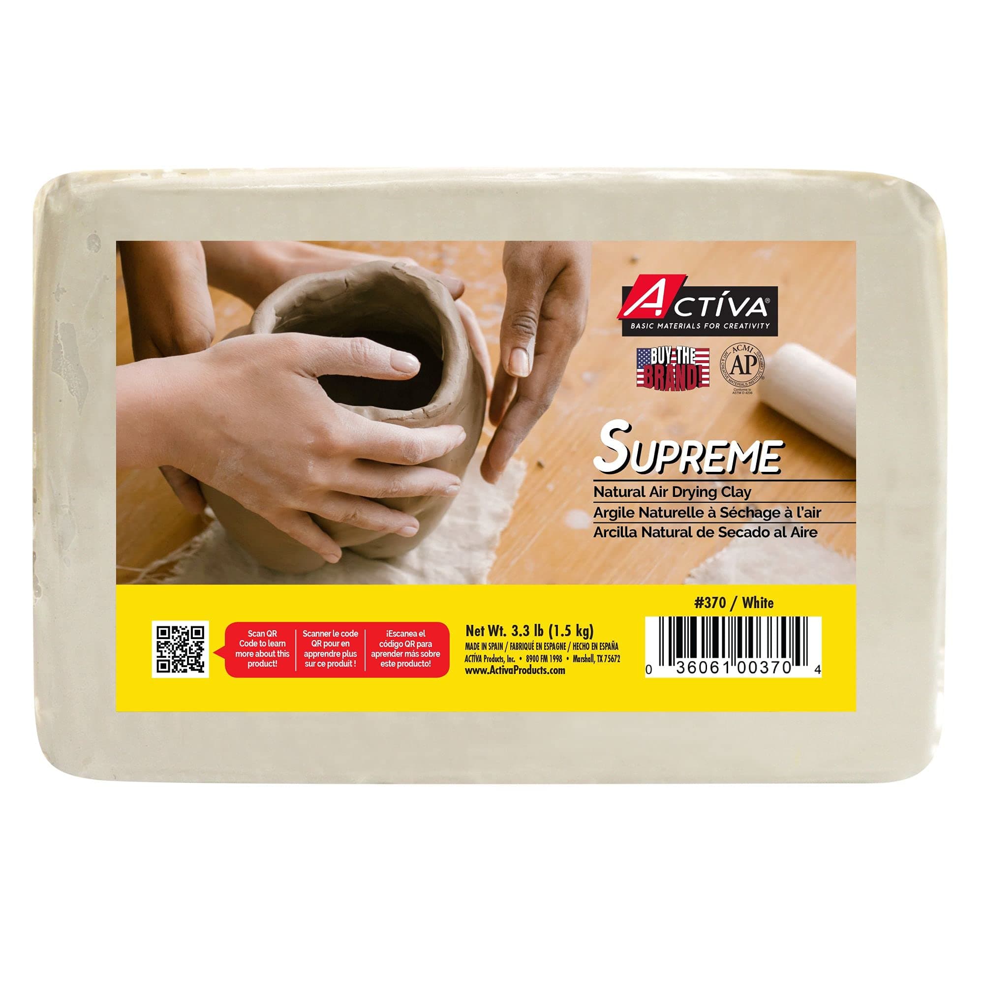 Activa Supreme Clay, White, Premium Natural Air Dry Clay, 3.3lb (1.5kg) | Ultra-Fine & Exceptional Plasticity for Studio, Classroom & Hobby Use
