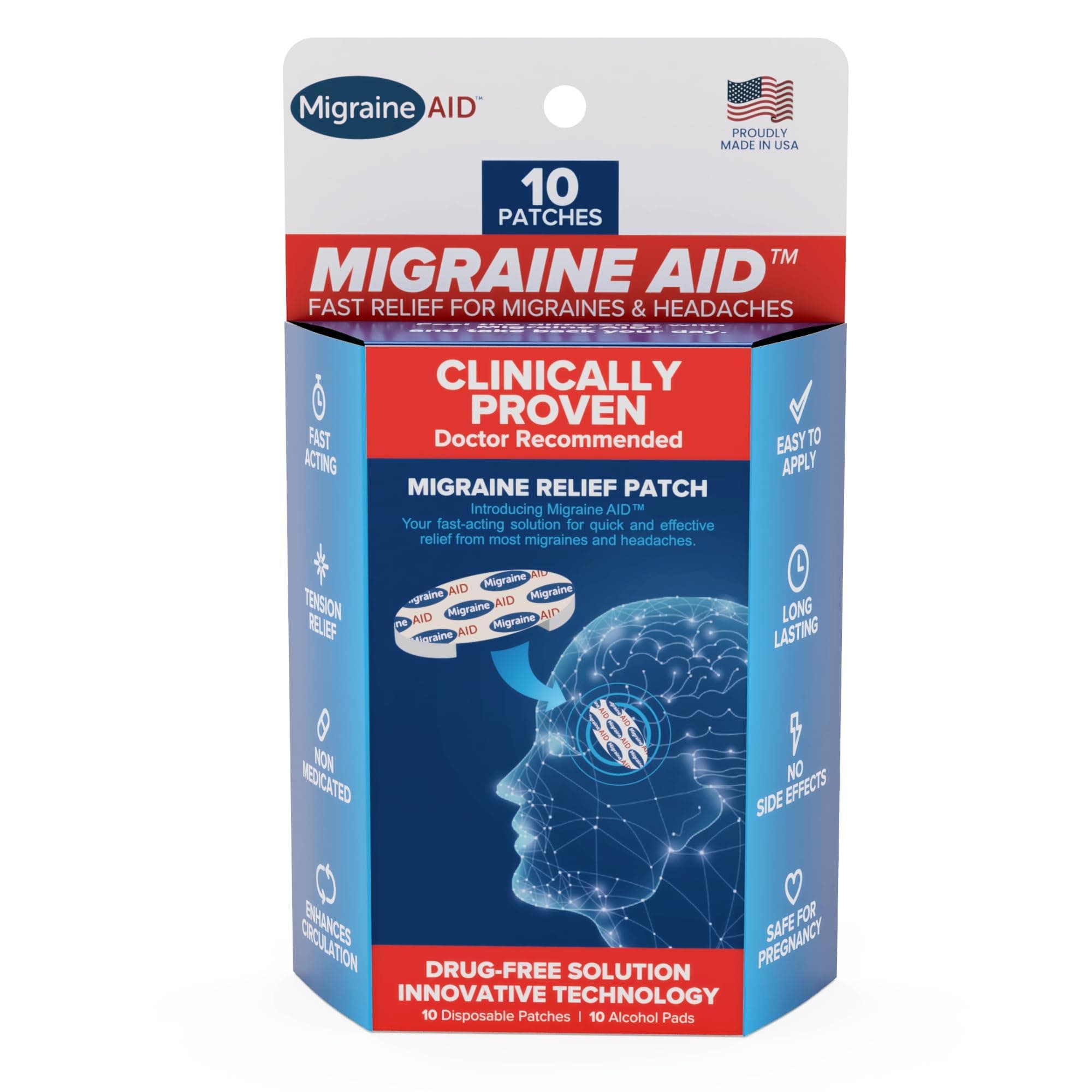 Migraine AID Migraine Relief Patches - Fast Acting, Non Medicated Support for Head Tension, Easy to Apply Headache Patches, Safe for Everyday Use, 10 Disposable Migraine Patches, Made in USA