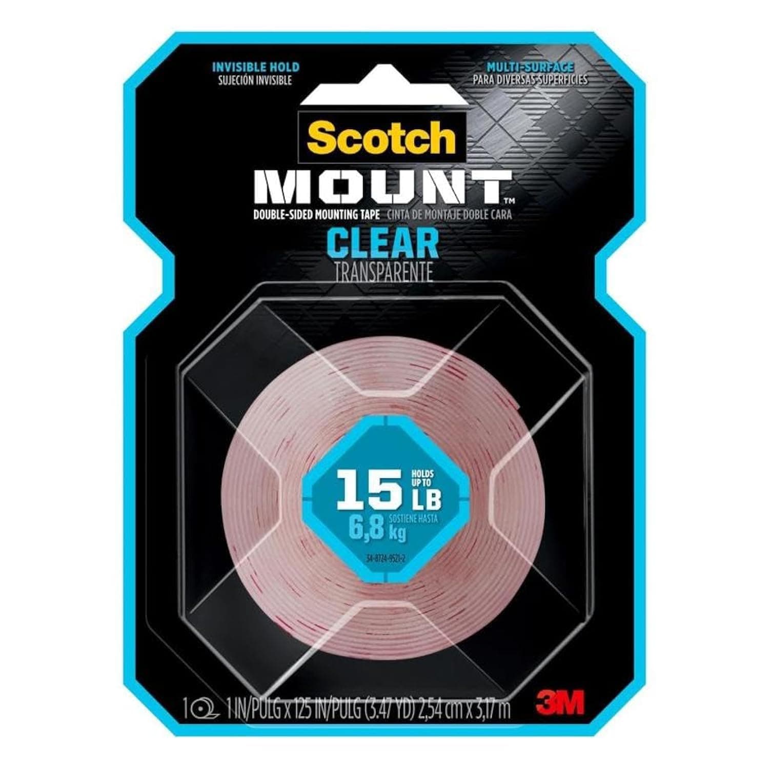 3MClear Scotch-Mount Double-Sided Mounting Tape, Strips & Squares: 1 in x 125 in. (Clear)