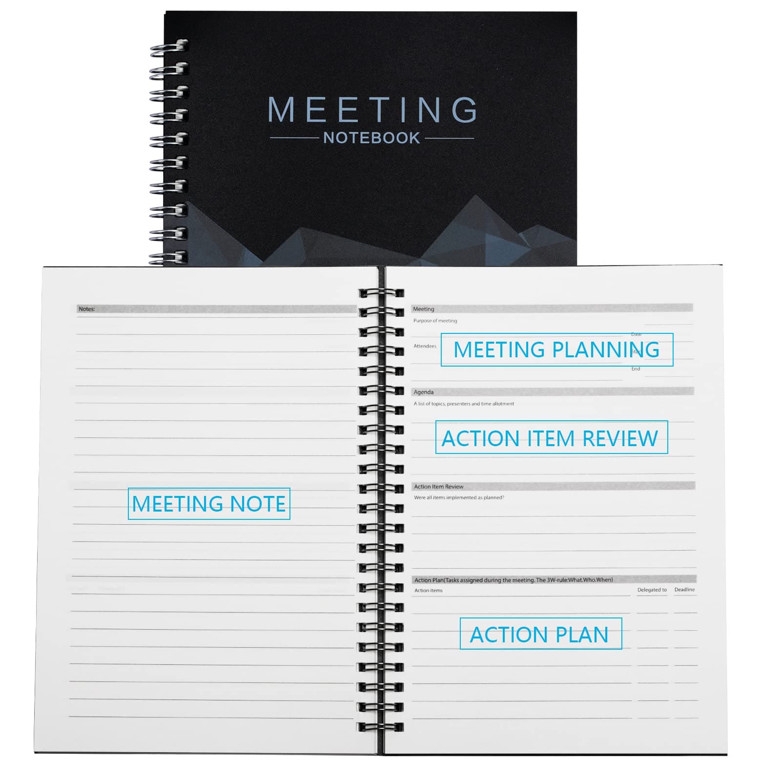 KATOOM 2pcs Meeting Notebook for Work,Spiral Meeting Paper Book with Action Items & Meet Plan for Business,Work,Agenda,Journal (Black,80 Ruled Sheets)