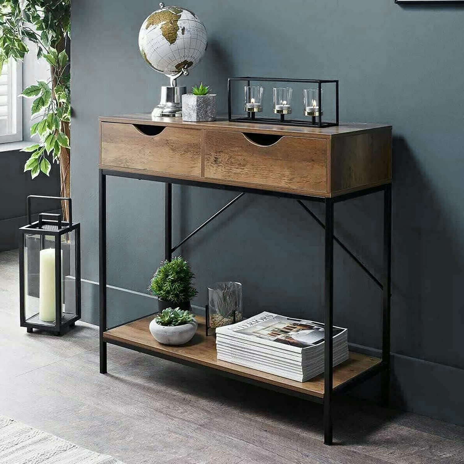 New Tromso 2 Drawer Console Table Black Metal Frame & Wooden Drawers and Shelf Furniture Perfect For Your Living room.