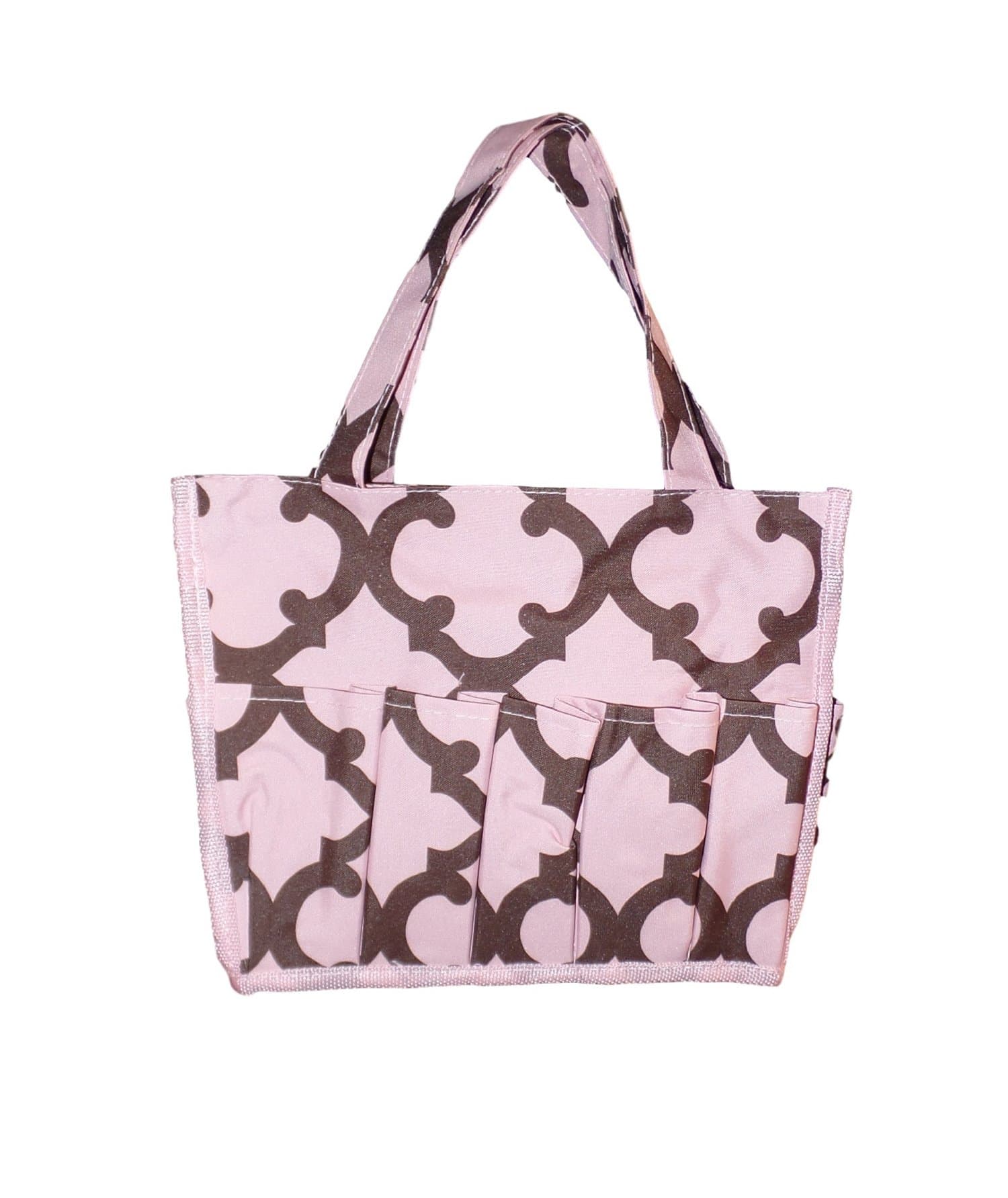California Medium Fashion Print Organizing Tote with 12 Outside Pockets 10" x 8" x 8" (Blank, Pink and Brown Quatrefoil)