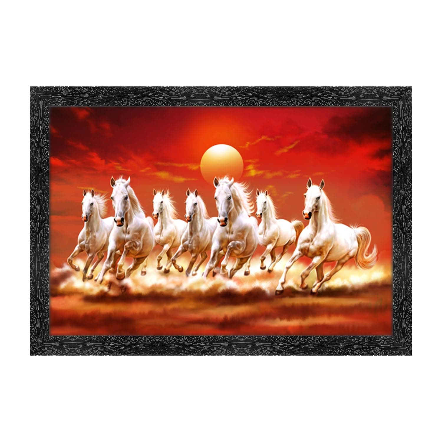 7 Running Horses Vastu Photo Frame, Black, Sparkle Coated Lamination 3064 14 x 20 Inch