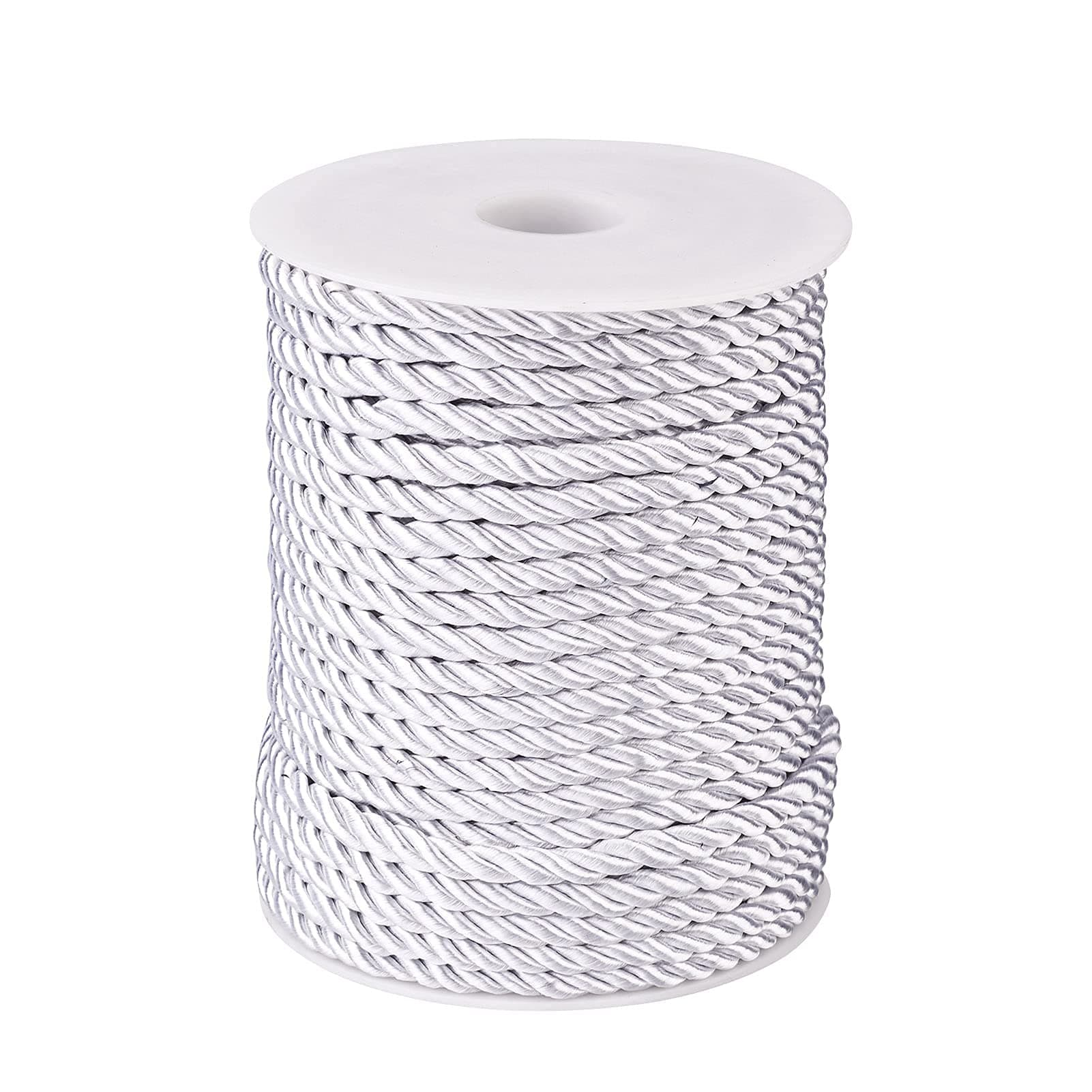 Cheriswelry 32 Yards Silky Twist Cord Round Polyester Binding Rope 5mm Trim Cord Roll for Jewellery Macrame Crafts Furnishing Upholstery Costume Home Decor, Silver