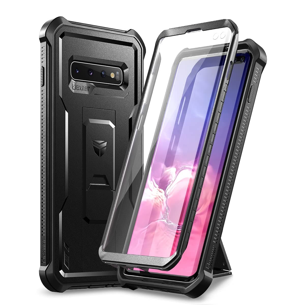 Dexnor Polycarbonate For Samsung Galaxy S10+Plus Case,[Built In Screen Protector&Kickstand] Heavy Duty Military Grade Protection Shockproof Protective Cover For Samsung Galaxy S10 Plus Black