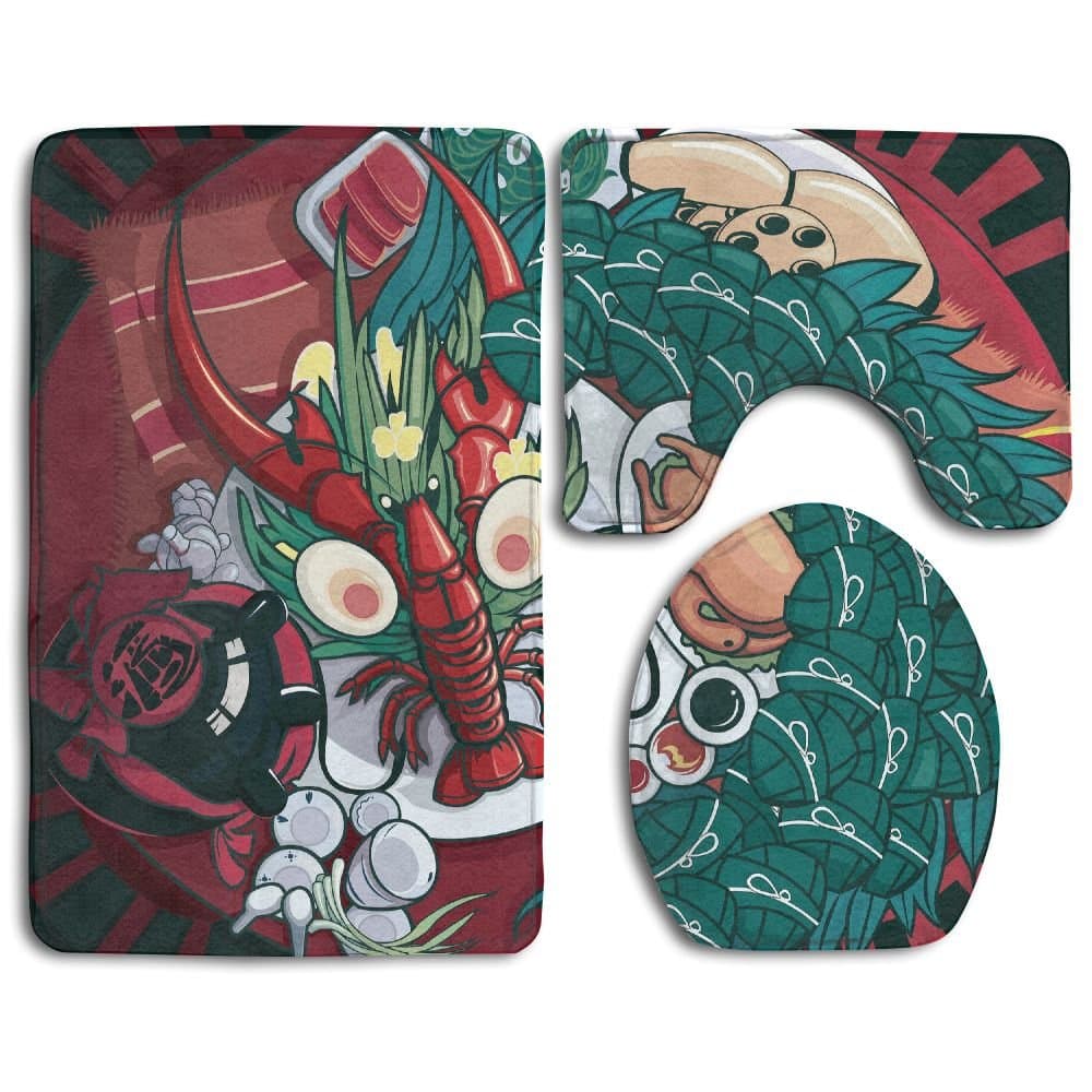 HanSmallT Dragon Boat Festival Food Cartoon Illustration White Non Slip 3 Piece Bathroom Carpet Pedestal Rug + Lid Toilet Cover + Bath Mat Customized Artwork Print