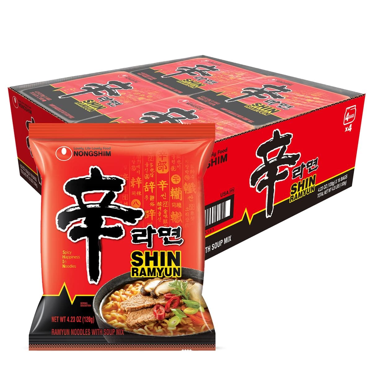 Nongshim Shin Ramyun Noodles, Spicy Korean Signature Instant Ramyun, Rich Beef Flavored Broth, Microwaveable, Korean Instant Noodles, 4.23 oz (Pack of 16), Packaging May Vary