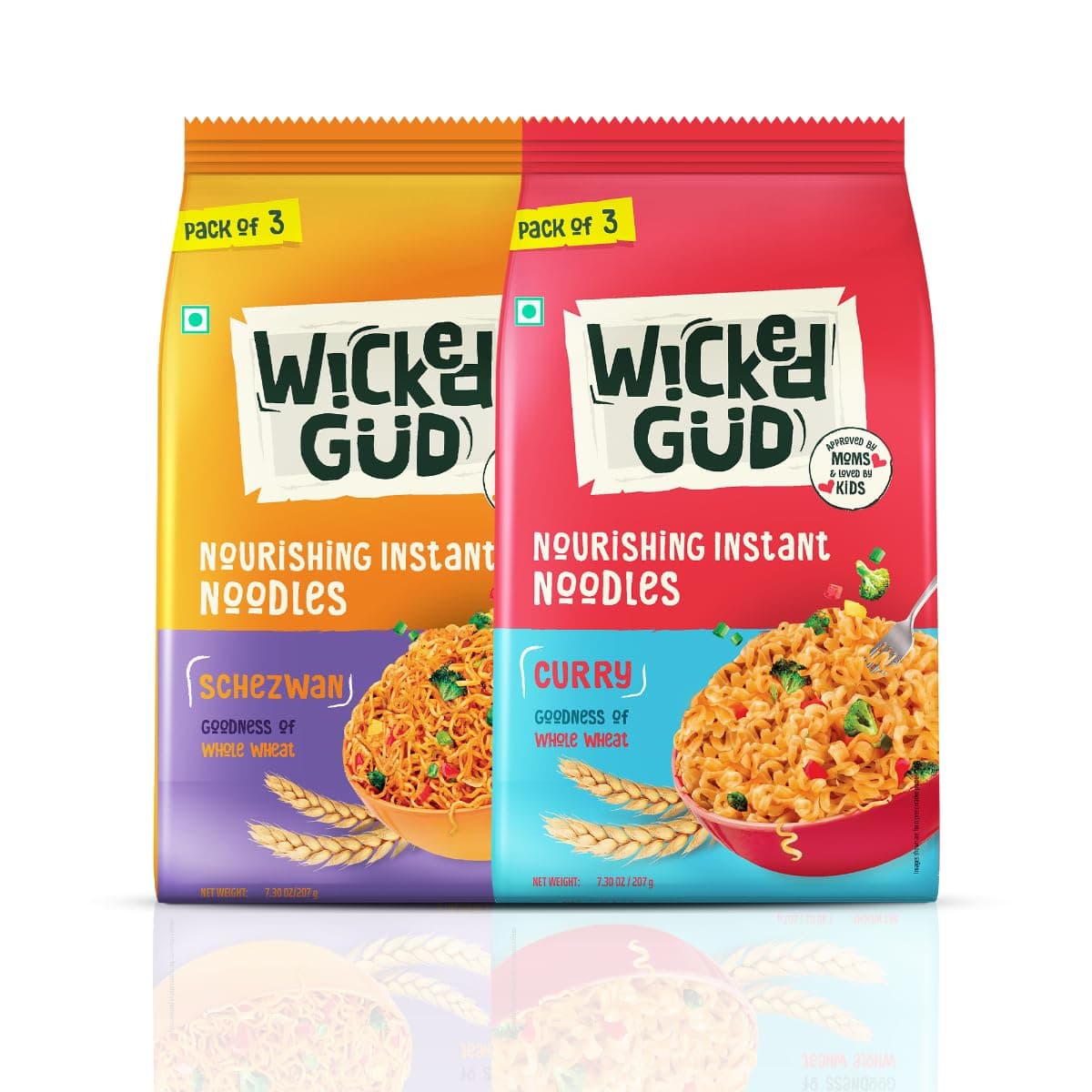 Wickedgud Whole Wheat Schezwan & Curry Noodles 240g Pack of 2| No Maida | No Palm Oil | Source of Protein