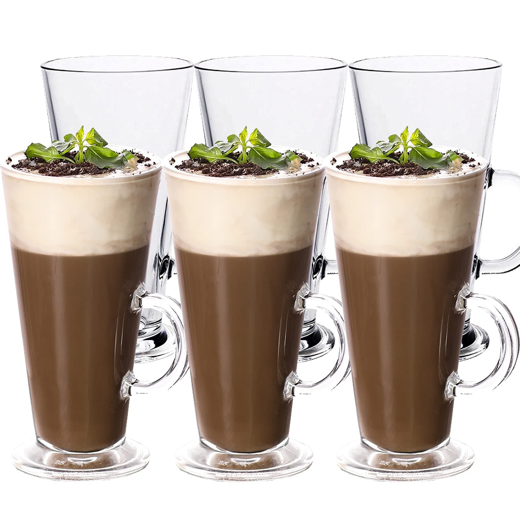 WUWEOT 6 Pack Tall Irish Coffee Mugs, 9 OZ Clear Milkshake Glass Latte Cups, Colombian Glass Cappuccino and Hot Chocolate Mugs with Handle for Tea, Water, Juice, Beer, Milk Hot And Cold Drinks