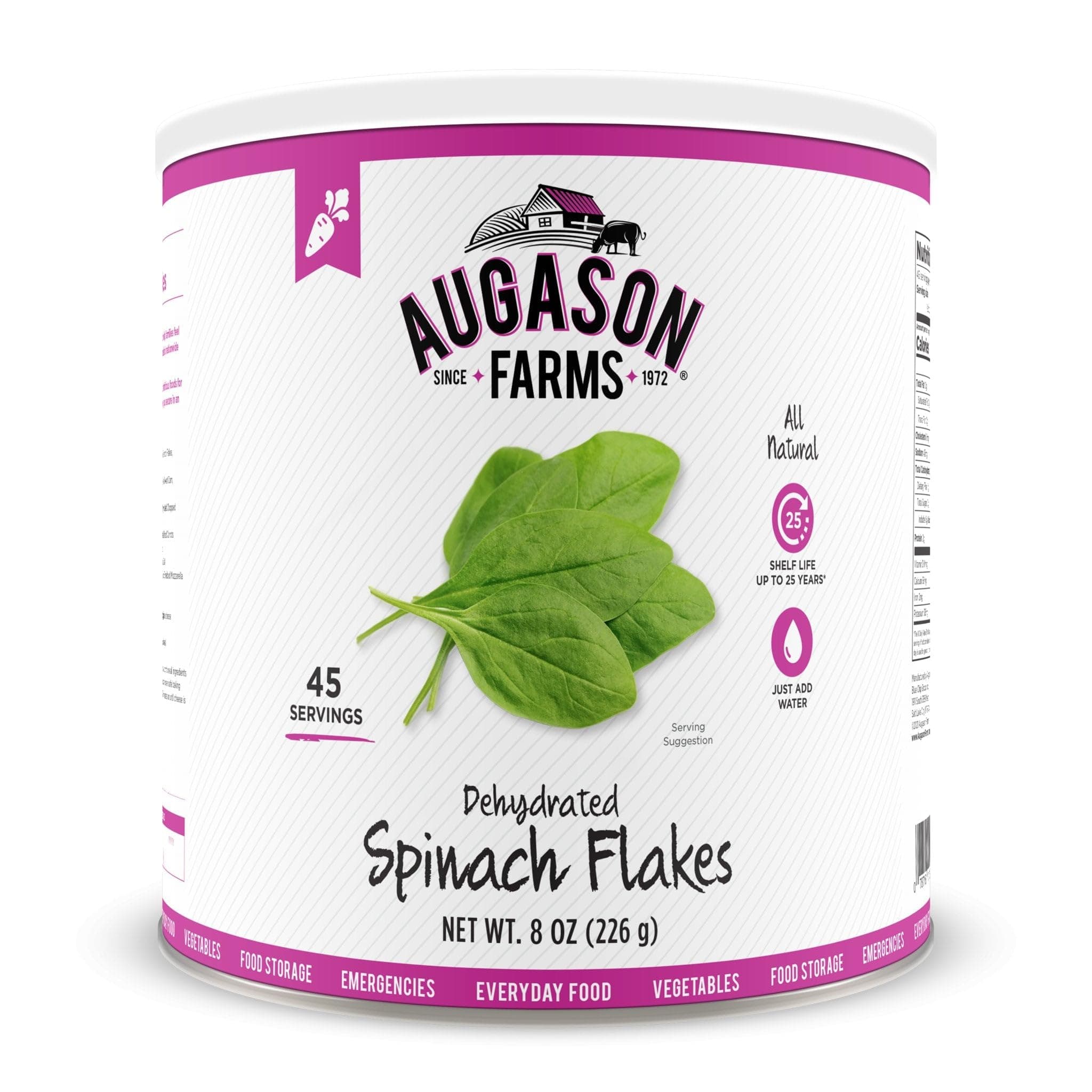 Augason Farms Dehydrated Spinach Flakes Can, Emergency Food Supply, Everyday Meals, 45 Servings