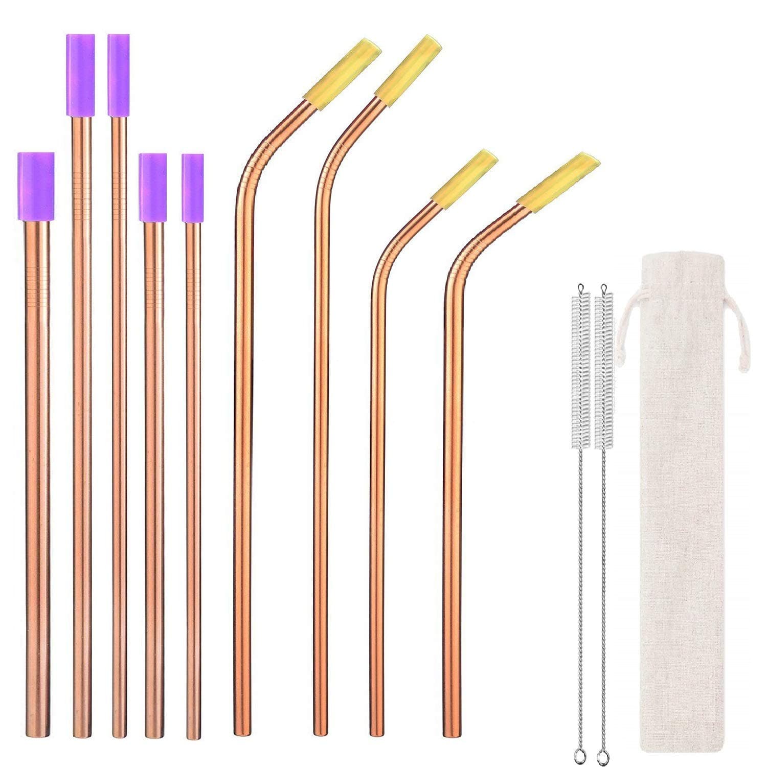 Rose Gold Stainless Steel Metal Drinking Straws with 8 Silicon Tips 1Carrying Bag,2Brush (Set of 9) BPA Free Portable Straw for 30 20oz Tumbler,10.5" 8.5" L, 0.24"0.32" 0.48" W Diameters