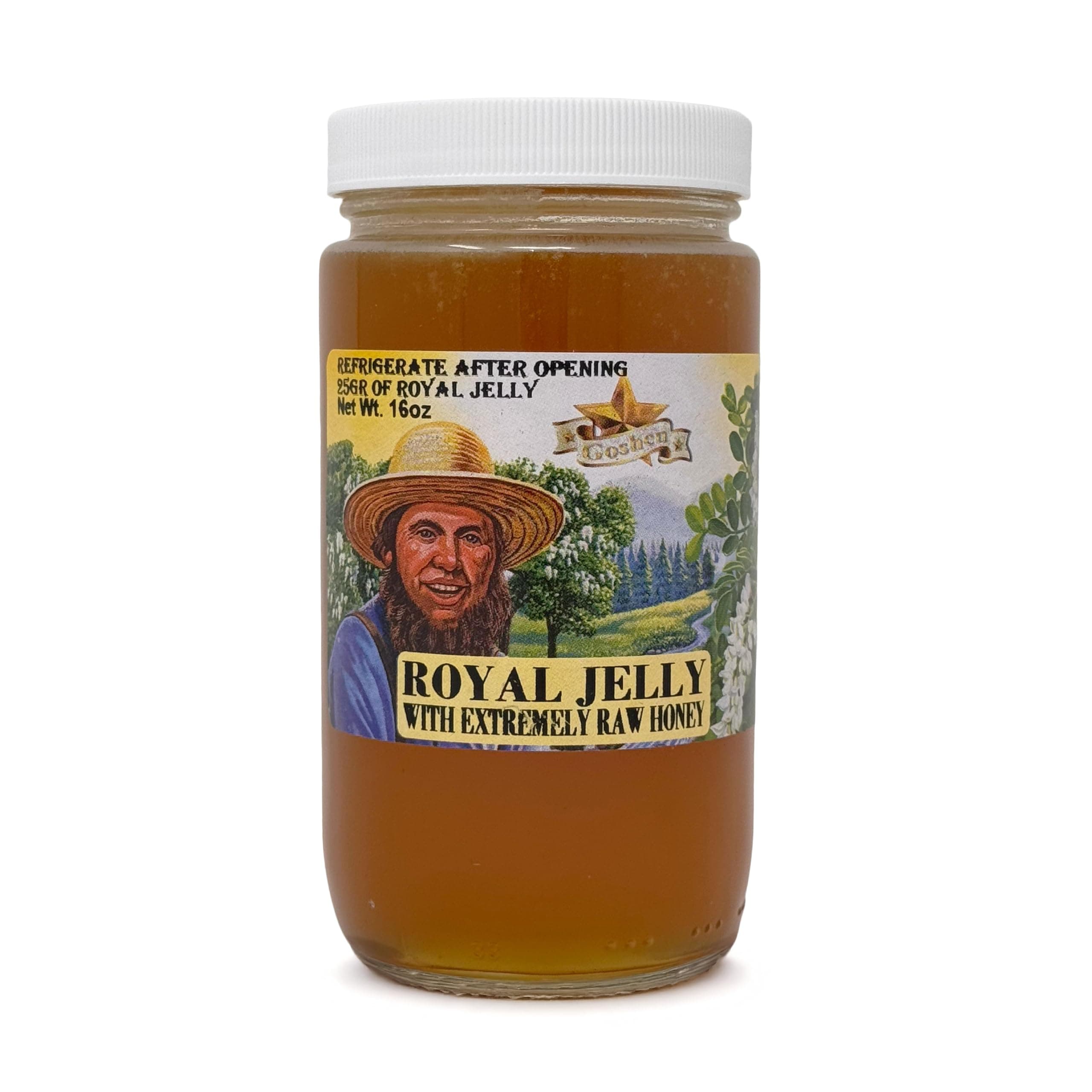 Goshen Honey Raw Royal Jelly Honey - With 25g of Royal Jelly - Unfiltered - Unprocessed - Pure & Natural Bee Essence from Amish Country, USA - For Natural Energy - Dairy & Gluten Free - 454g/16Oz