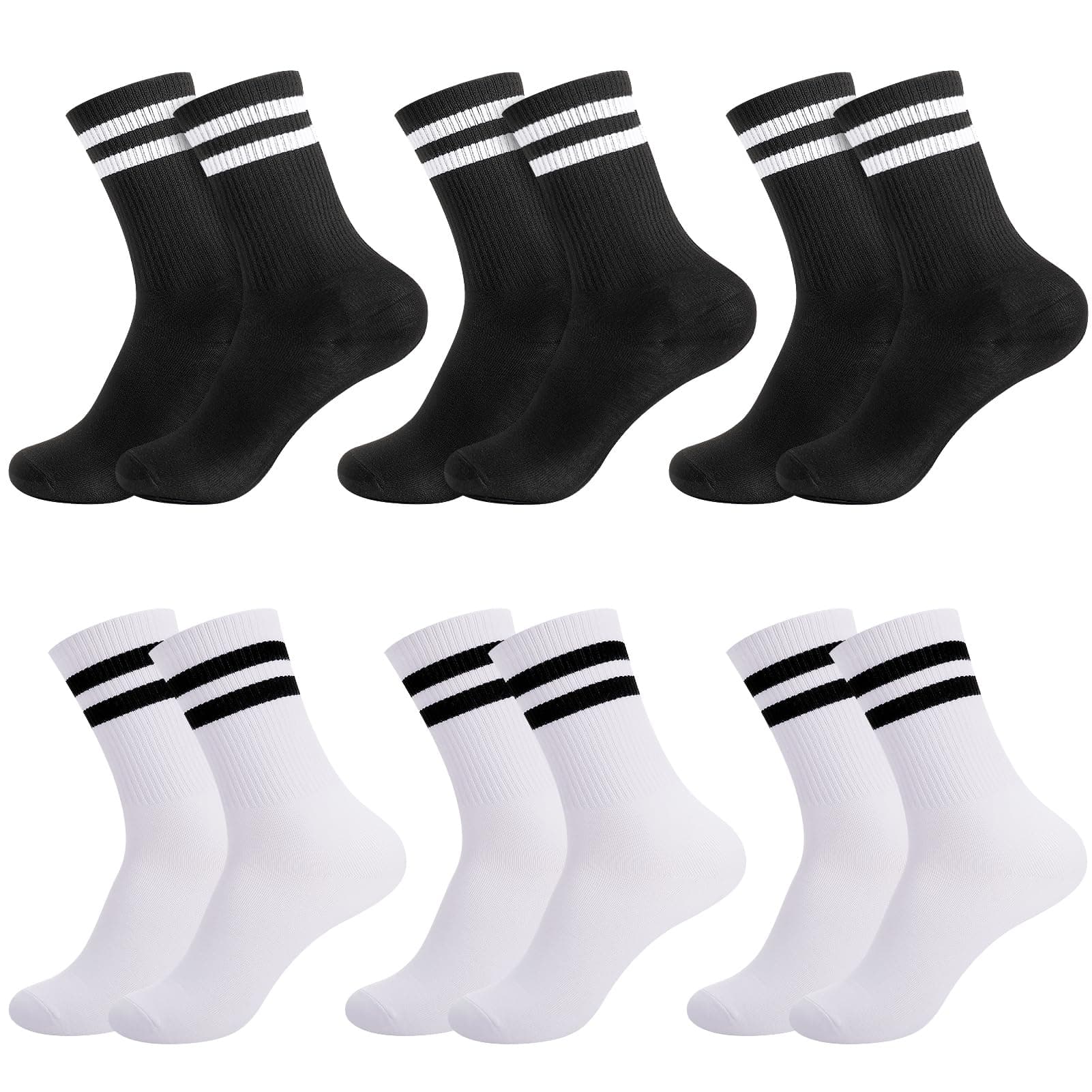 6 Pairs Mens Socks Multipack - Striped Crew Socks for Men Women, Soft Cotton Socks Breathable Sports Socks Black White Socks Comfortable for Work School Casual Walking