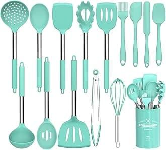 Umite Chef Silicone Kitchen Utensils Set with Stainless Steel Handle, Non-Stick Kitchen Utensils Set, 15 Pieces (Green)