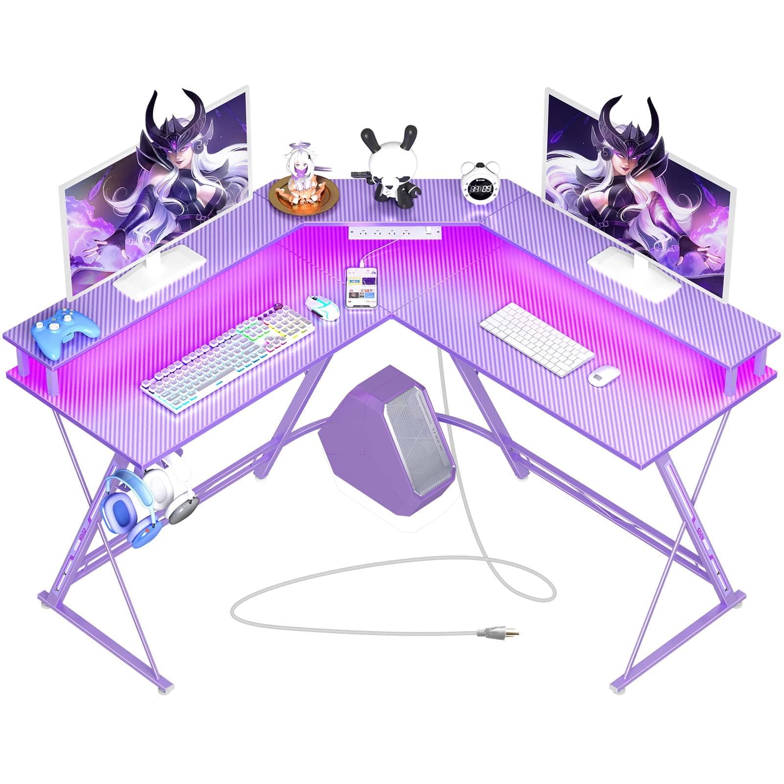 SEVEN WARRIOR Gaming Desk 50.4” with LED Light & Power Outlets, L-Shaped Gaming Desk Carbon Fiber Surface with Monitor Stand, Ergonomic Gamer Table with Headphone Hook, Purple